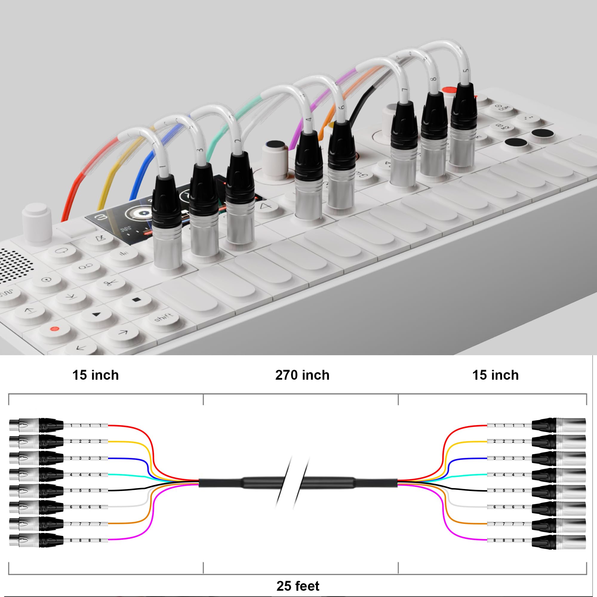 PRORECK Cavo a serpente da 7,6 m, cavo audio schermato a 8 canali, da XLR maschio a XLR femmina, con connettori colorati per palcoscenico professionale, studio e live (PR-XLR/XLR-8 x 25)