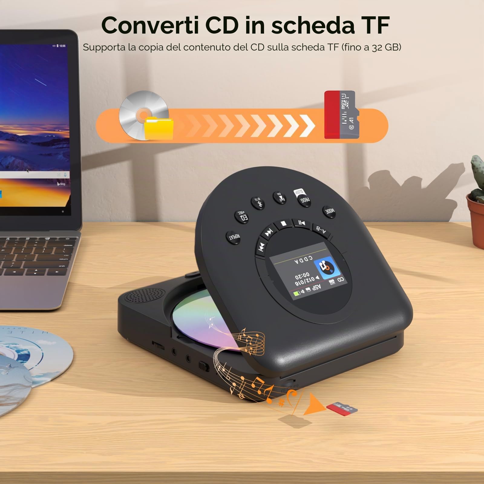 MONODEAL Lettore CD portatile con display TFT e timer di sospensione, radio FM integrata, lettore CD portatile Bluetooth, lettore CD Discman ricaricabile, con altoparlante e trasmettitore FM | Lettore CD portatile con timer di sonno e radio, ricaricabile,