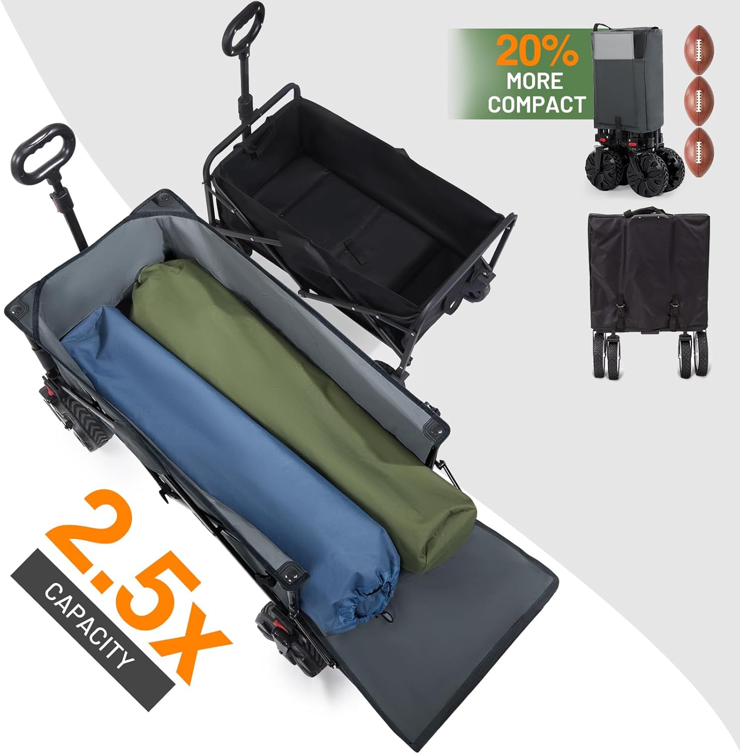 TIMBER RIDGE 47 L Collapsible Folding Wagon with Tailgate, 300lbs Heavy Duty Beach Wagon with All-Terrain Big Wheels, 250L Foldable Utility Cart for Sand Camping Sports Shopping, Grey