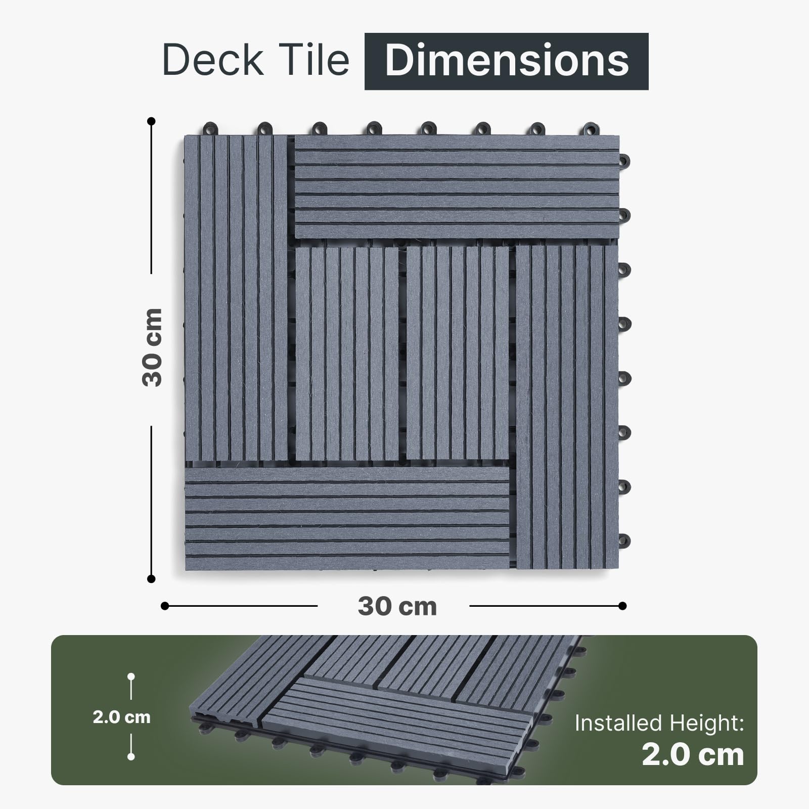 CLICK-DECK Piastrelle per pavimenti in composito | Per patio, balcone, cemento, vasca idromassaggio, pavimenti quadrati da 30 x 30 cm, facile installazione, bassa manutenzione, ottimo drenaggio (6