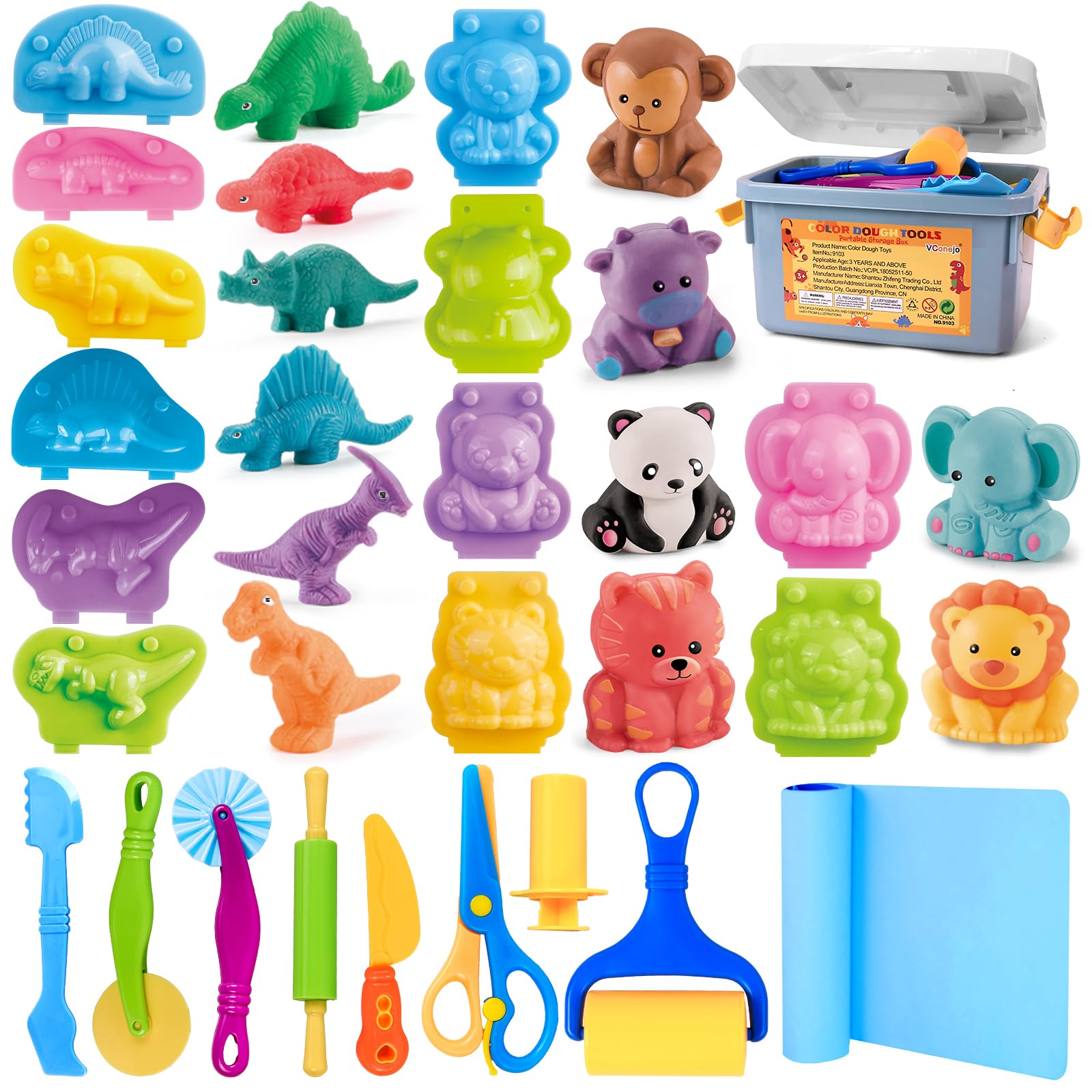 Dough Play Tools Sets for Kids, 22pcs Clay and Dough Accessories for Toddlers with Storage Box, Silicone Mat, Rolling Pins, Safety Scissors, Mini Knife,3D Dino & Animal Molds, Gift for Boys Girls