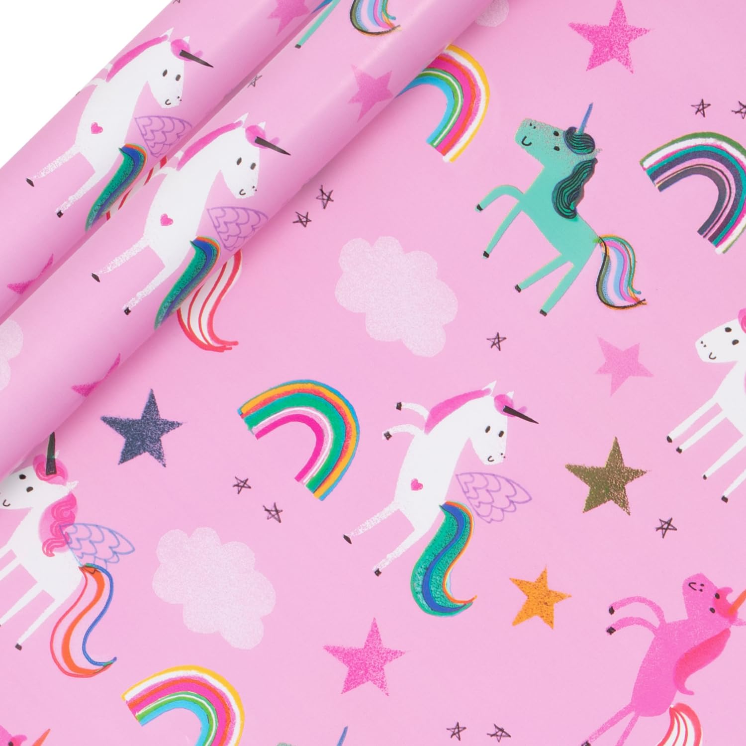 Glick 2 Pack Unicorns Wrapping Paper, For Birthdays and Celebrations, 2 Recyclable Rolls (2m x 70cm), Pink Eco-Friendly