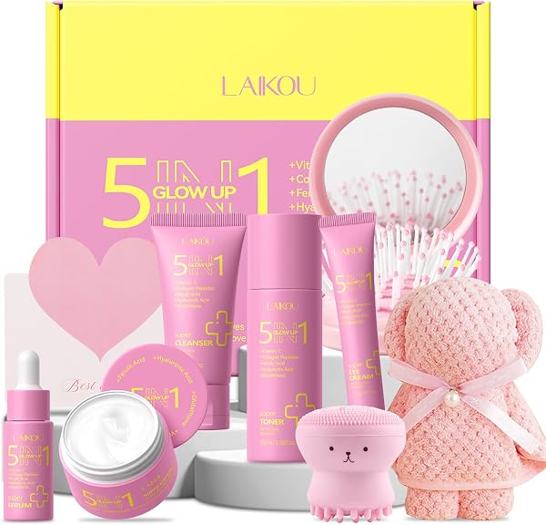 LAIKOU 5 in 1 Glow Up Skincare Set, 9 piezas Set Regalo Mujer Cuidado Facial, Rutina Diaria Facial Hidratante, ideal para San Valentín Día de la Madre y Cumpleaños - 1