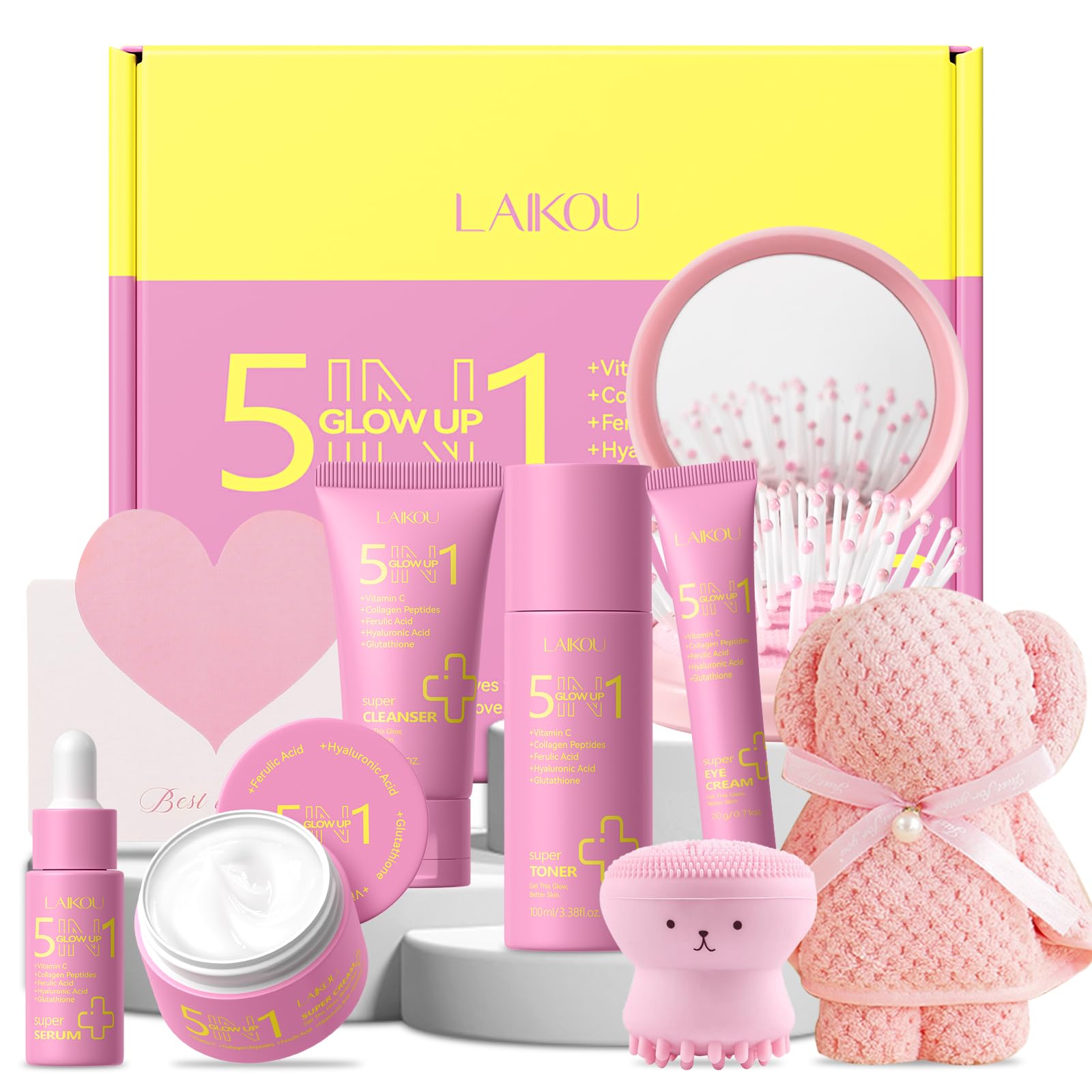 LAIKOU 5 in 1 Glow Up Skincare Set, 9 piezas Set Regalo Mujer Cuidado Facial, Rutina Diaria Facial Hidratante, ideal para San Valentín Día de la Madre y Cumpleaños