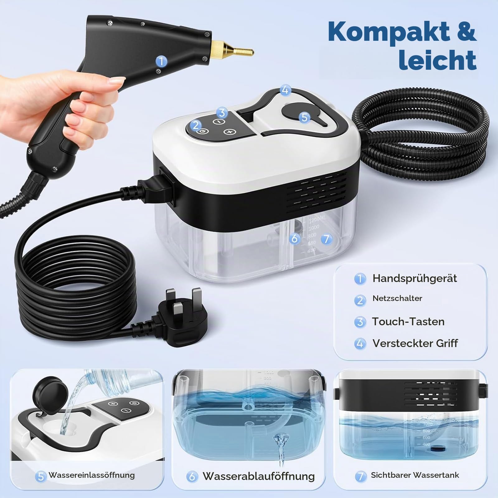 Leistungsstarker 2500 W Dampfreiniger, Handheld, 15 Sekunden schnelles Aufheizen und Hochdruckdampf, 6-stufig einstellbare Einstellungen für Tiefenreinigung auf Böden, Küche, Bad, Auto, Fugenmörtel