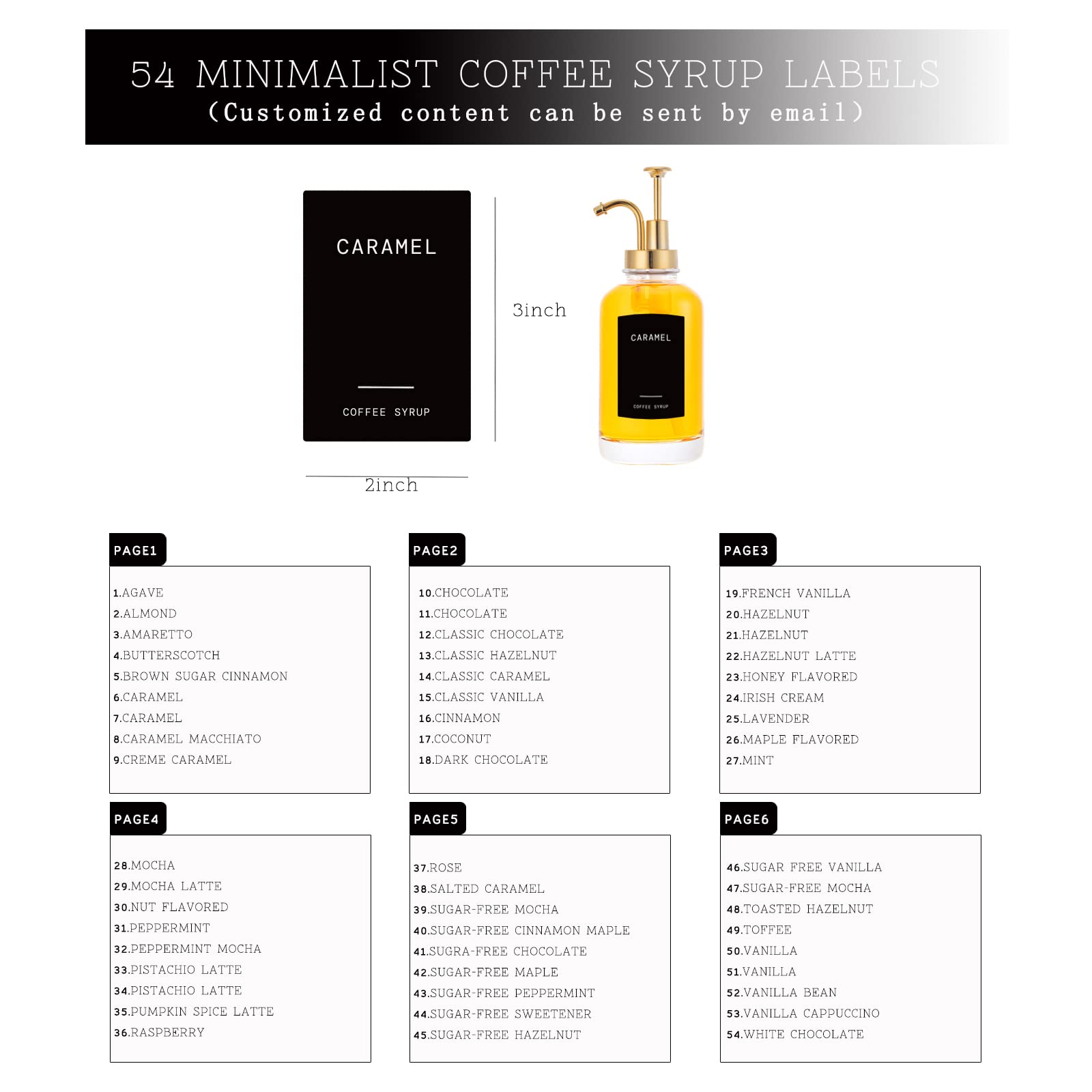 Lot de 2 distributeurs de sirop à café pour bar à café, distributeur à pompe à café avec étiquettes de sirop – Bouteille minimaliste en verre pour accessoires de bar à café– 500 ml (noir)