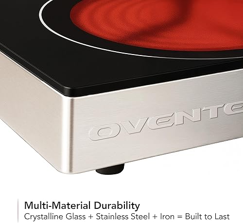 Miniatura 6 de OVENTE Quemador individual de cerámica infrarroja, placa eléctrica de encimera de 1200 W con vidrio cristalino negro, estufa portátil de acero