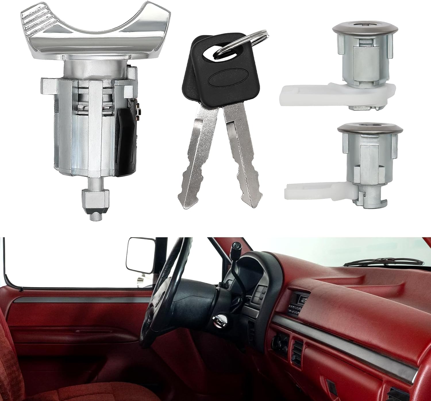 Ignition Switch Lock Cylinder & Front Door Lock Cylinderwith Key Compatible with 1990-1996 Ford E150 E250 E350 F150 F250 F350 Mustang Bronco Taurus/Mercury Sable Replaces F3UZ1522050D C-42-150