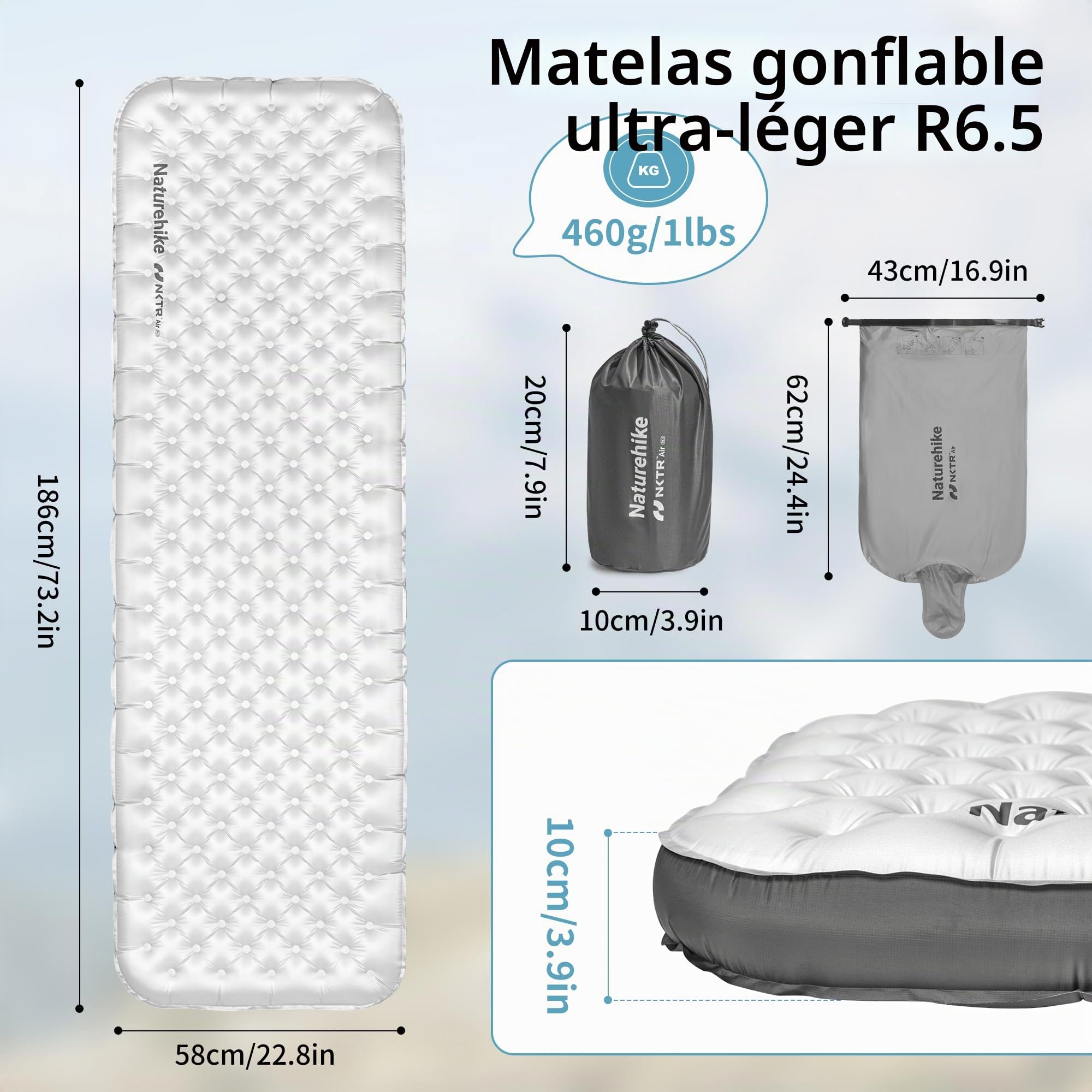 Naturehike Auto-gonflant 6.5R Valeur Matelas de Camping Tapis de Camping Gonflable Matelas Gonflable Portable pour Dormir Seul pour Le Trekking La Randonnée L'alpinisme Le Backpacking Le Plein Air