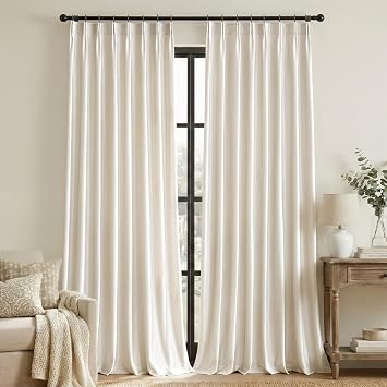 Ivory Velvet Pinch Pleated Curtains Cream 108 Inch Long 2 Panels Luxury Living Room Darkening Thermal Insulated Drape with Hooks- Elegant Soundproof Noise Reducing Back Tab Window Curtain for Bedroom