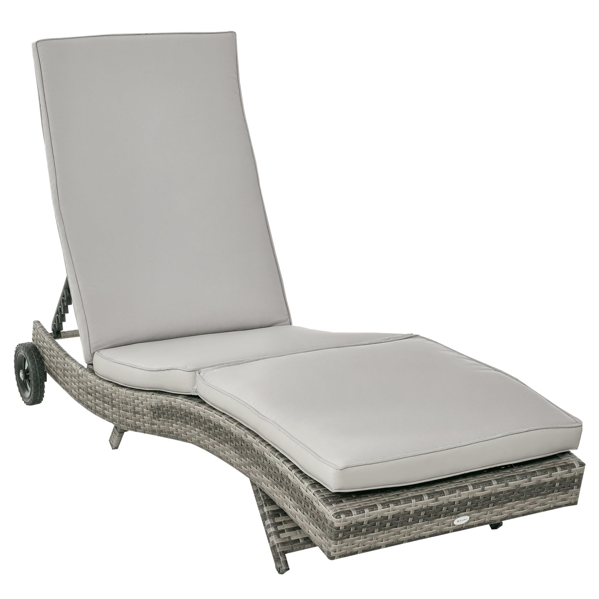 Outsunny Tumbona de Ratán Reclinable Tumbona de Jardín en Forma de S con 2 Ruedas Respaldo Ajustable en 5 Posiciones y Cojín Extraíble para Patio Terraza 207x70x70 cm Gris Claro
