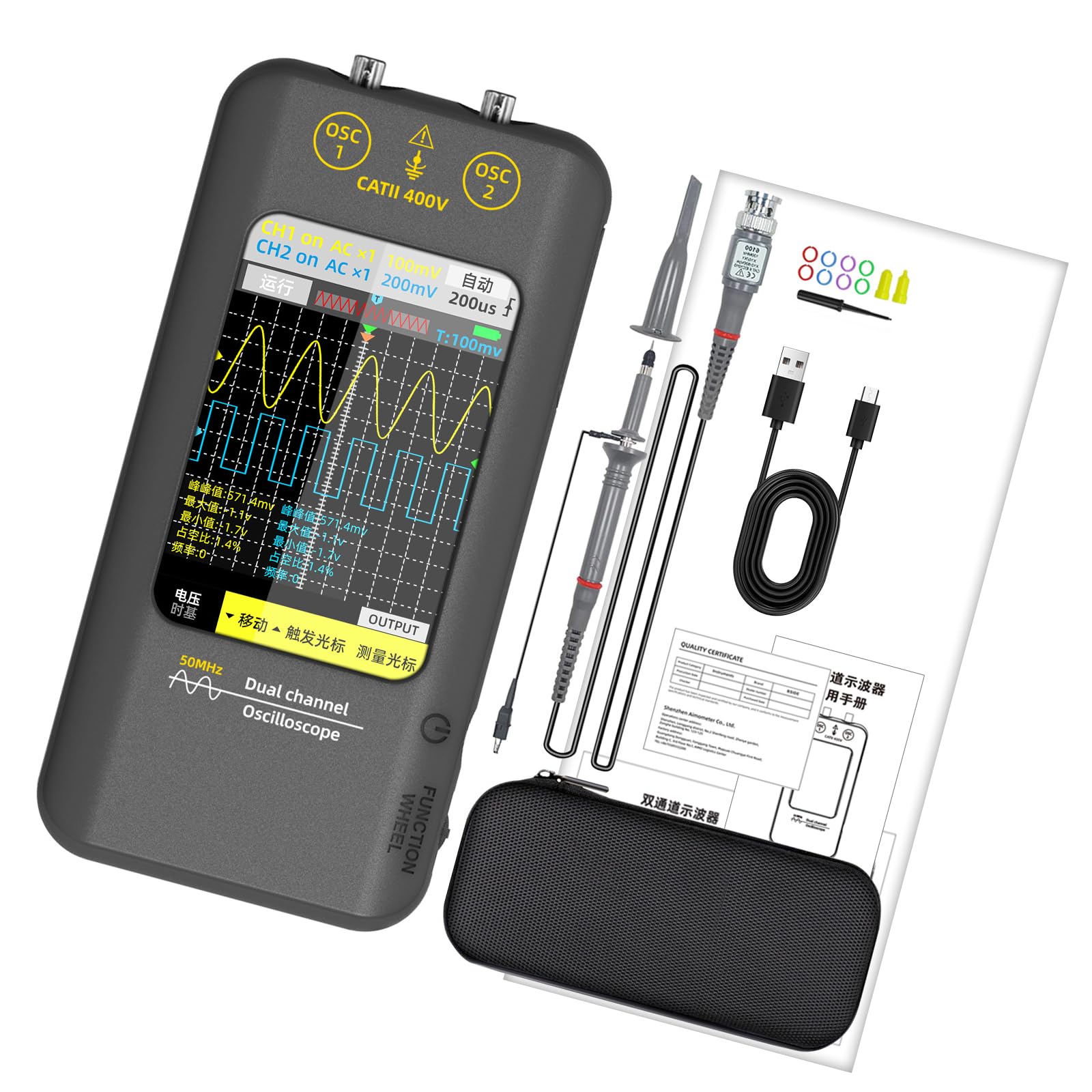 Alloneslife Advanced 50Mhz 2 Channel Handheld Oscilloscope 50Mhz Bandwidth With 7 Waveform Types And Computer Connection For Lab Use Indication Generator Oscilloscope
