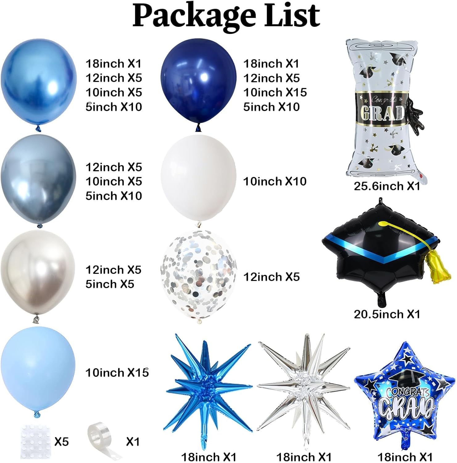 Blue Graduation Balloon Arch Garland Kit 2026, Blue White Graduation Decorations with Foil Grad Cap Diploma Star Balloons for Congrats Class of 2026 Graduates Celebrations Party Decorations