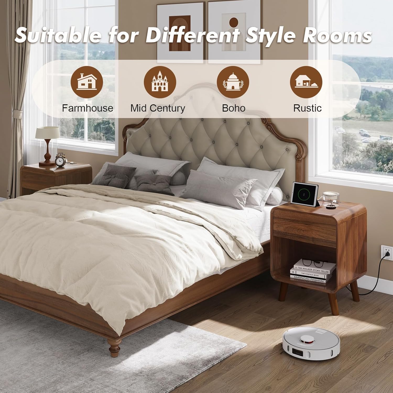 Mid Century Modern Small Nightstands Set of 2 with Charging Station, Curved Nightstand with Drawer Wood End Table Bedside Table for Bedroom, Walnut - Image 5