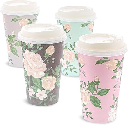 48 Pack Vintage Floral Paper Insulated Coffee Cups with Lids, 4 Designs, 16 Ounces : Health & Household
