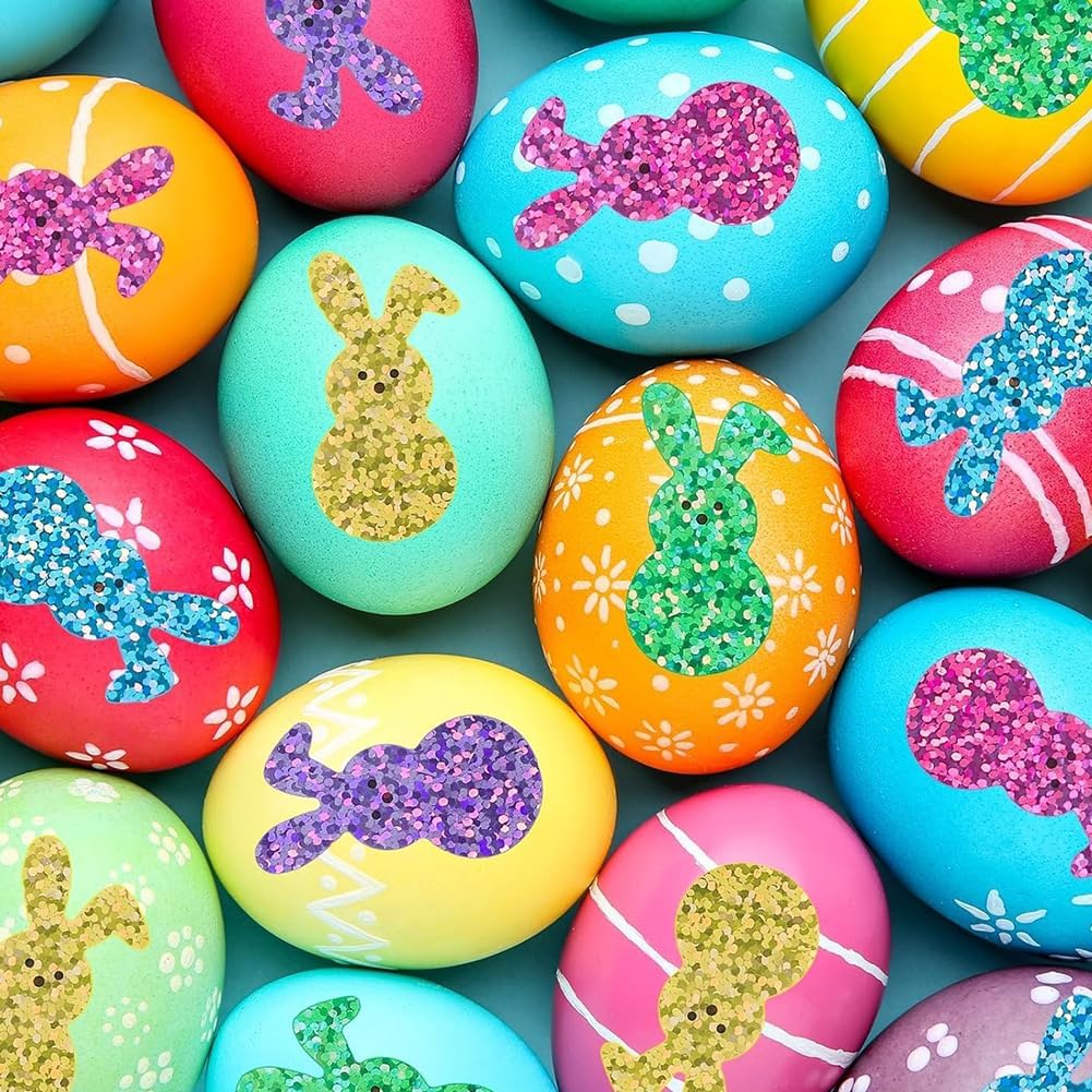 500Pcs Easter Bunny Stickers 1.5in Large Holographic Bling Sparkly Spring Happy Easter Bunny Stickers Roll 8 Colors Self-Adhesive Rabbit Sticker for Envelopes Scrapbook Decorations Supplies