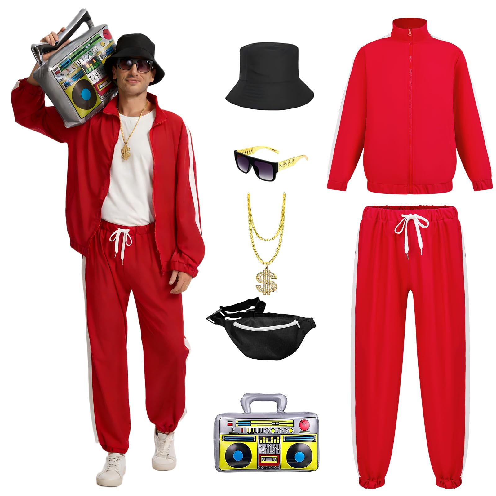PWQMGY 80s Outfit for Men – Track Suit Jacket and Pants with Hip-Hop Accessories