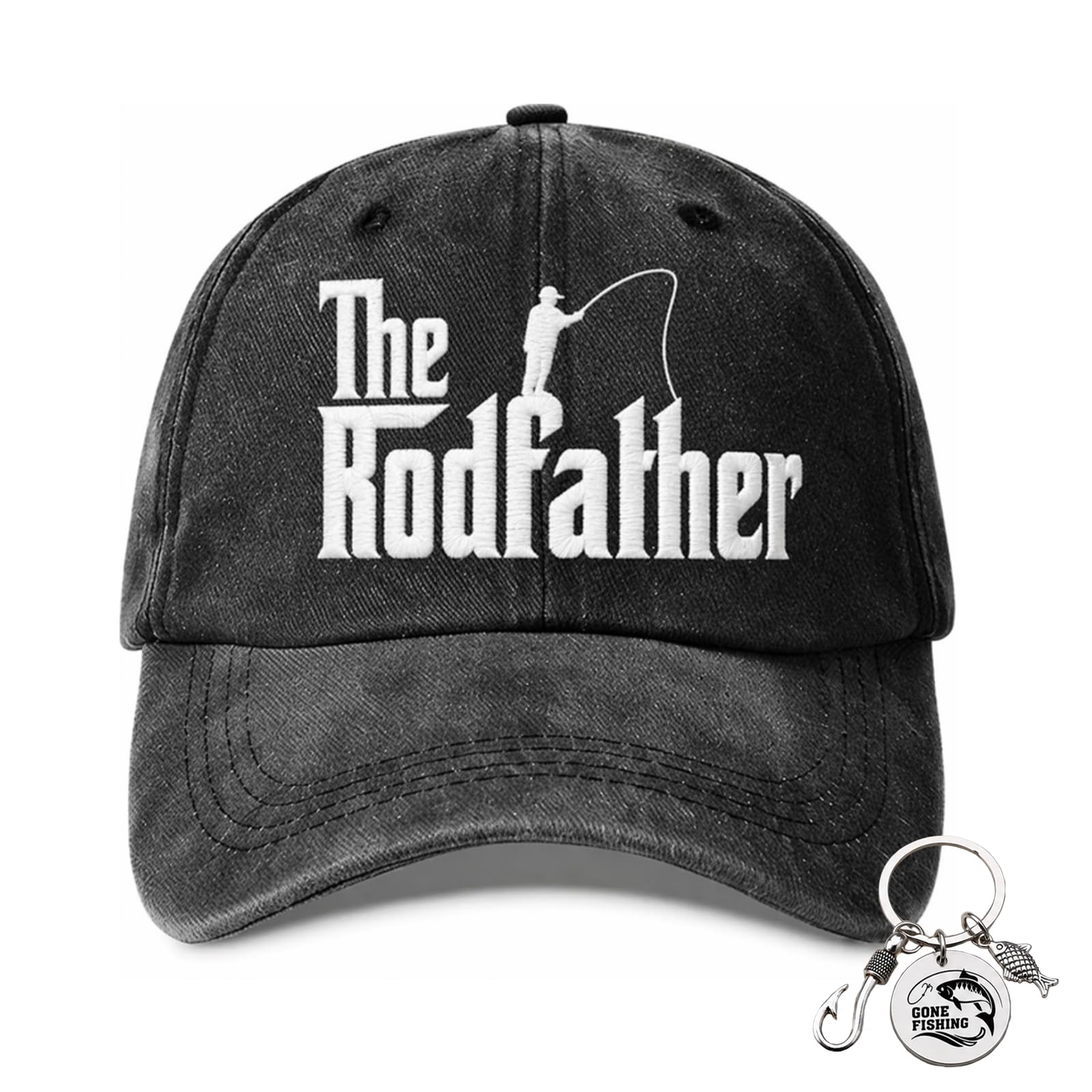 PUQGAOIP The Rodfather Funny Baseball Cap, with Keyring, Brilliant Fishing Gifts for Men and Women, Vintage Washed Black Adjustable Fishing Hat, Essential Fishing Accessories for Outdoors