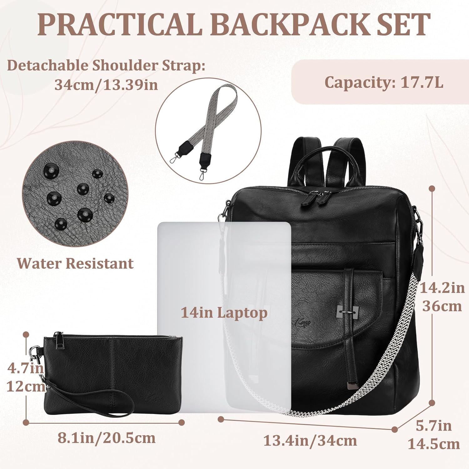 Kasqo Backpack Purse Set for Women,Vegan Leather Fashion Ladies Convertible Shoulder Bag Handbag Casual Daypack with Guitar Strap for Work Travel,Black - Image 2