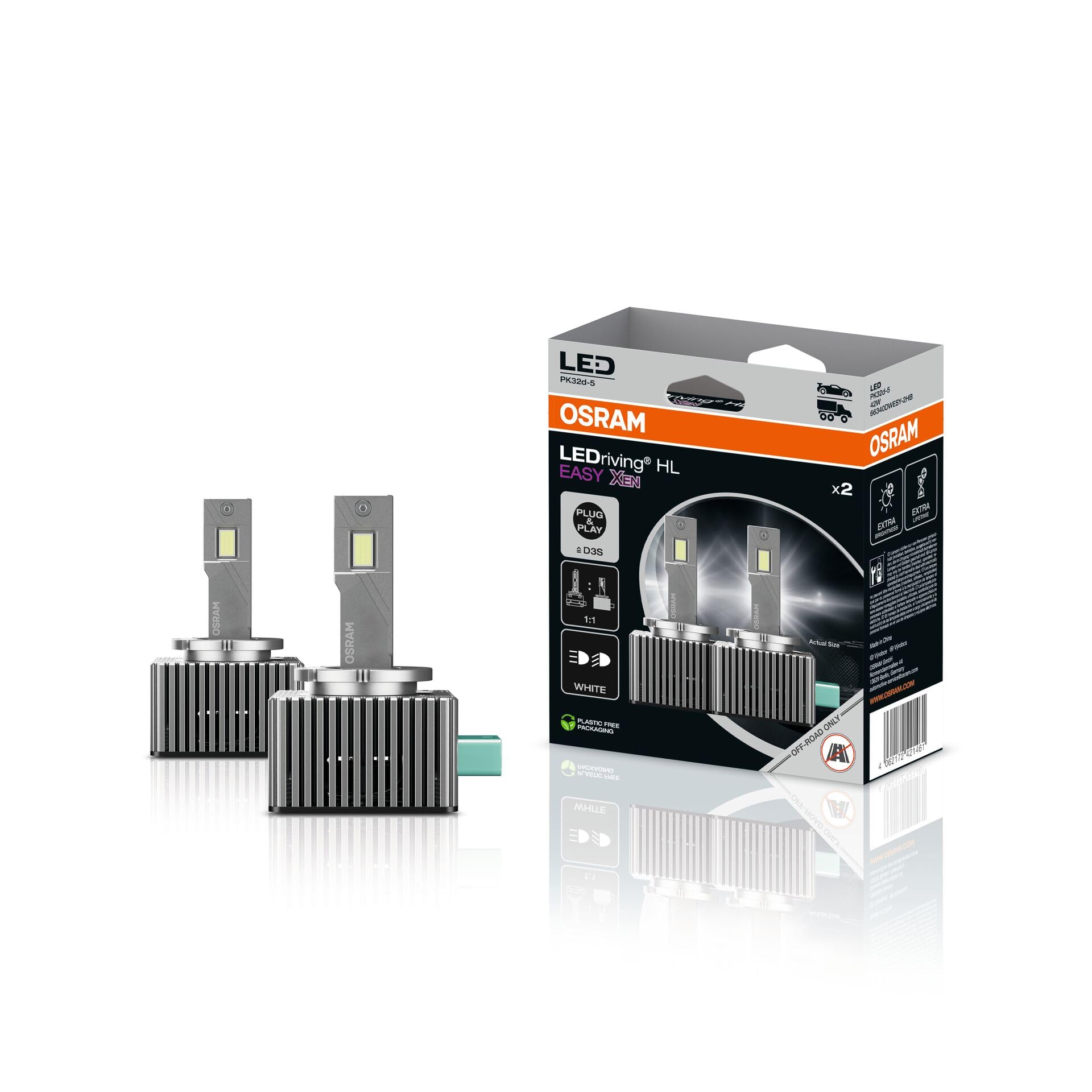 OSRAM LEDriving HL EASY XEN ≜D3S, lampadina a LED per abbaglianti e anabbaglianti, bianco freddo 6500K, nessun accessorio necessario, solo per uso fuoristrada - non omologata ECE, 2 lampadine