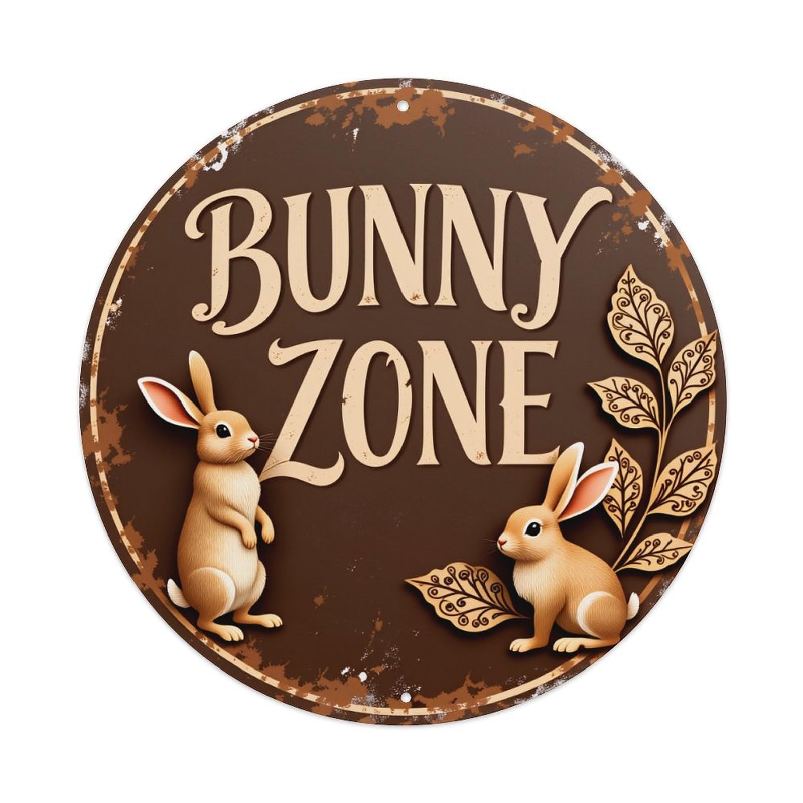 Bunny Zone Rabbit Leaves Circular Design Brown Background Round Vintage Tin Sign,Retro Wall Art,Metal Poster for Home, Bar, Garage, Cafe, Rustic Indoor & Outdoor Decor, 8x8 Inches