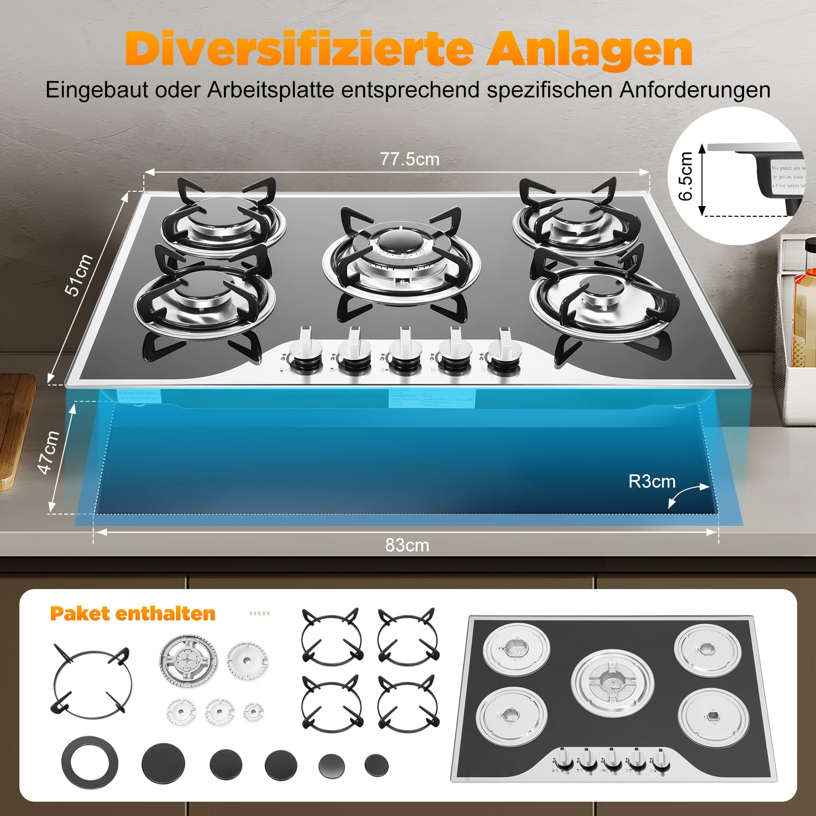 5 Flammig Gaskochfeld für Propan- und Erdgas Gehärtetem Glas Propangas Kochplatte, Campingkocher Gas-Herdplatte mit 5 Flammen, Gasherd für Camping Wohnmobil Küche