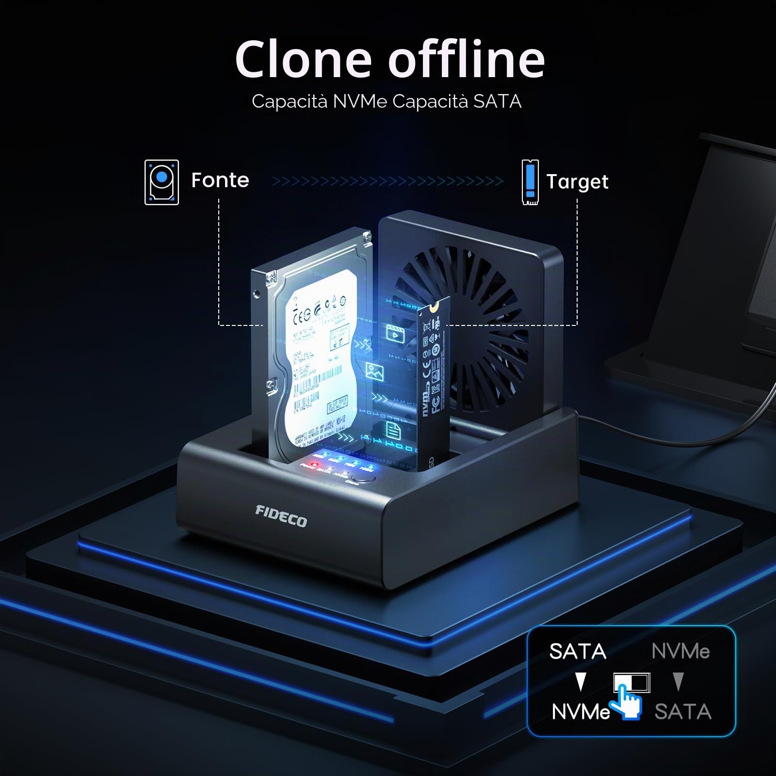 FIDECO Docking station per dischi rigidi HDD, USB C 10 Gbps M.2 NVMe SSD/5 Gbps SATA HDD con clonazione bidirezionale offline, lettore di dischi rigidi SSD con ventola ribaltabile