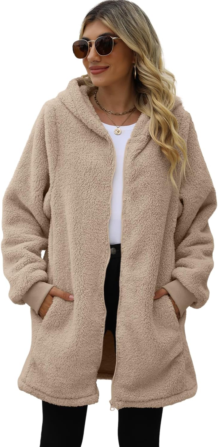 ReachMe Womens Fleece Zip Up Jacket with Pockets Oversized Long Sherpa Hoodie Fuzzy Jackets Warm Teddy Coat - Image 5
