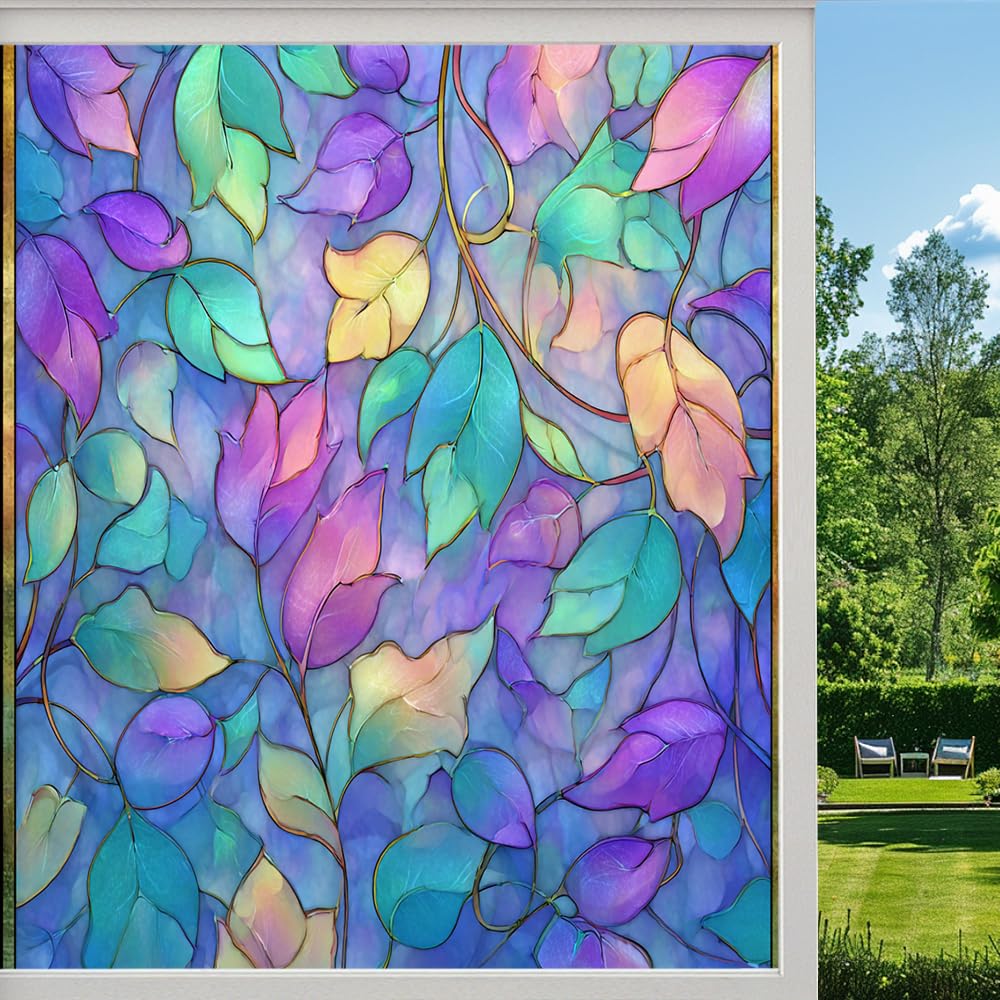 Artistic Leaves Frosted Window Film, Colored Plants Botanical Stained Glass Privacy Film, Heat Insulation Self-Adhesive Vinyl for Bathroom Office, （80x120cm）