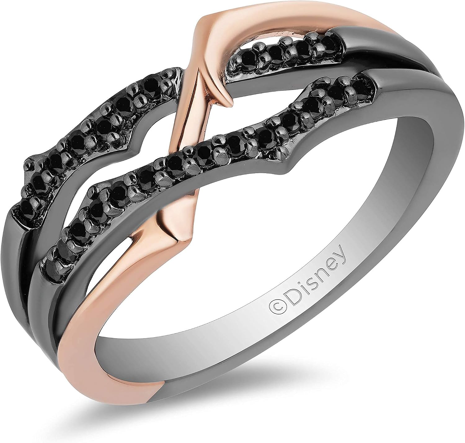Jewelili Enchanted Disney Fine Jewelry 10K Rose Gold and Black Rhodium over Sterling Silver with 1/5 Cttw Black Diamonds Maleficent"Thorn" Ring