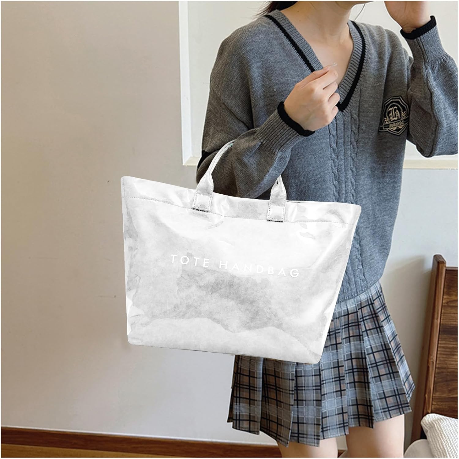 ALUSBELL Large PVC Tote Bag for Women Letters Print Tote Handbag Kraft Paper Travel Shoulder Bag Clear Carry All Hobo Handbag - Image 9