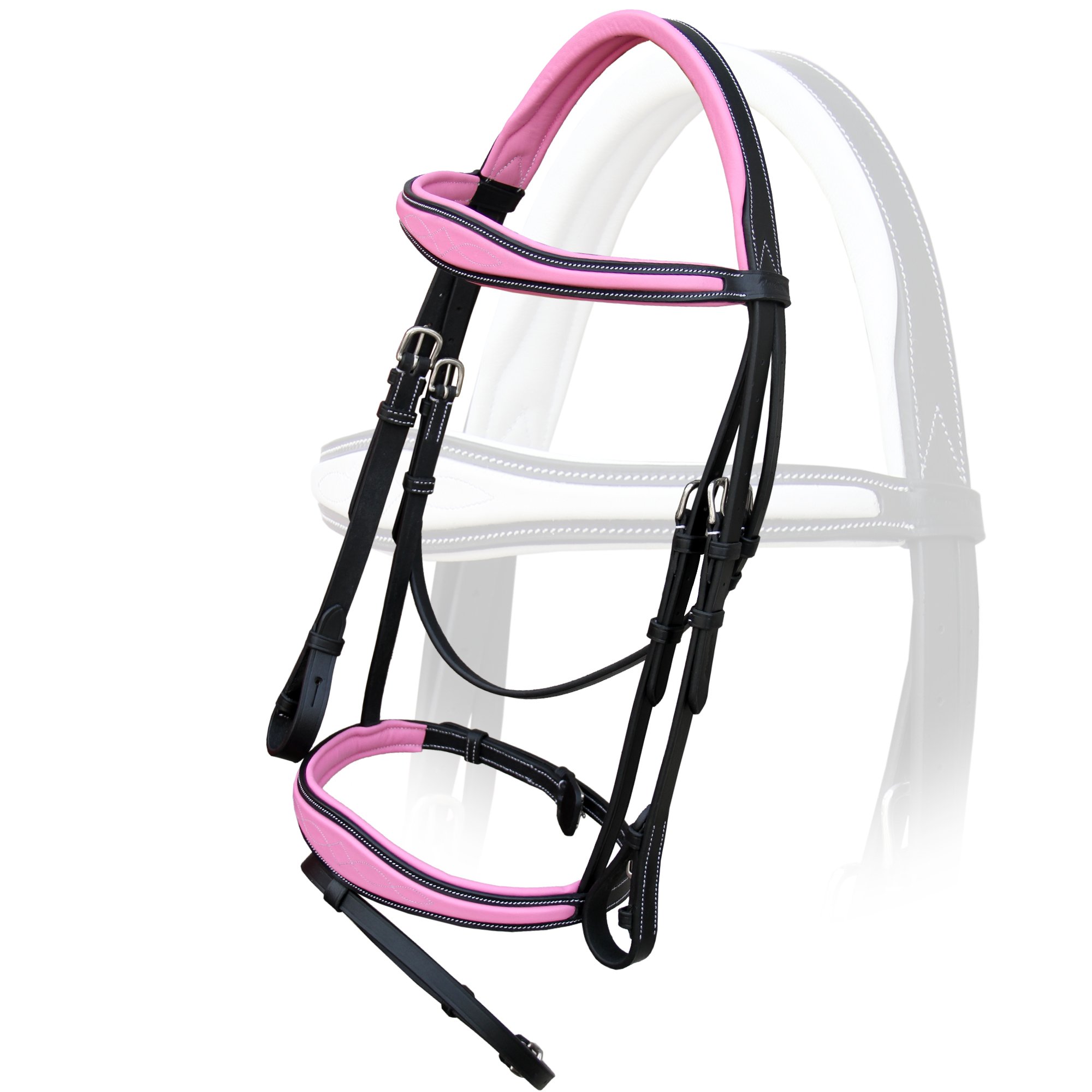 Exion - Brida inglesa rosa para caballos | Brida inglesa anatómica con banda nasal y banda para las cejas con flash y riendas de goma.
