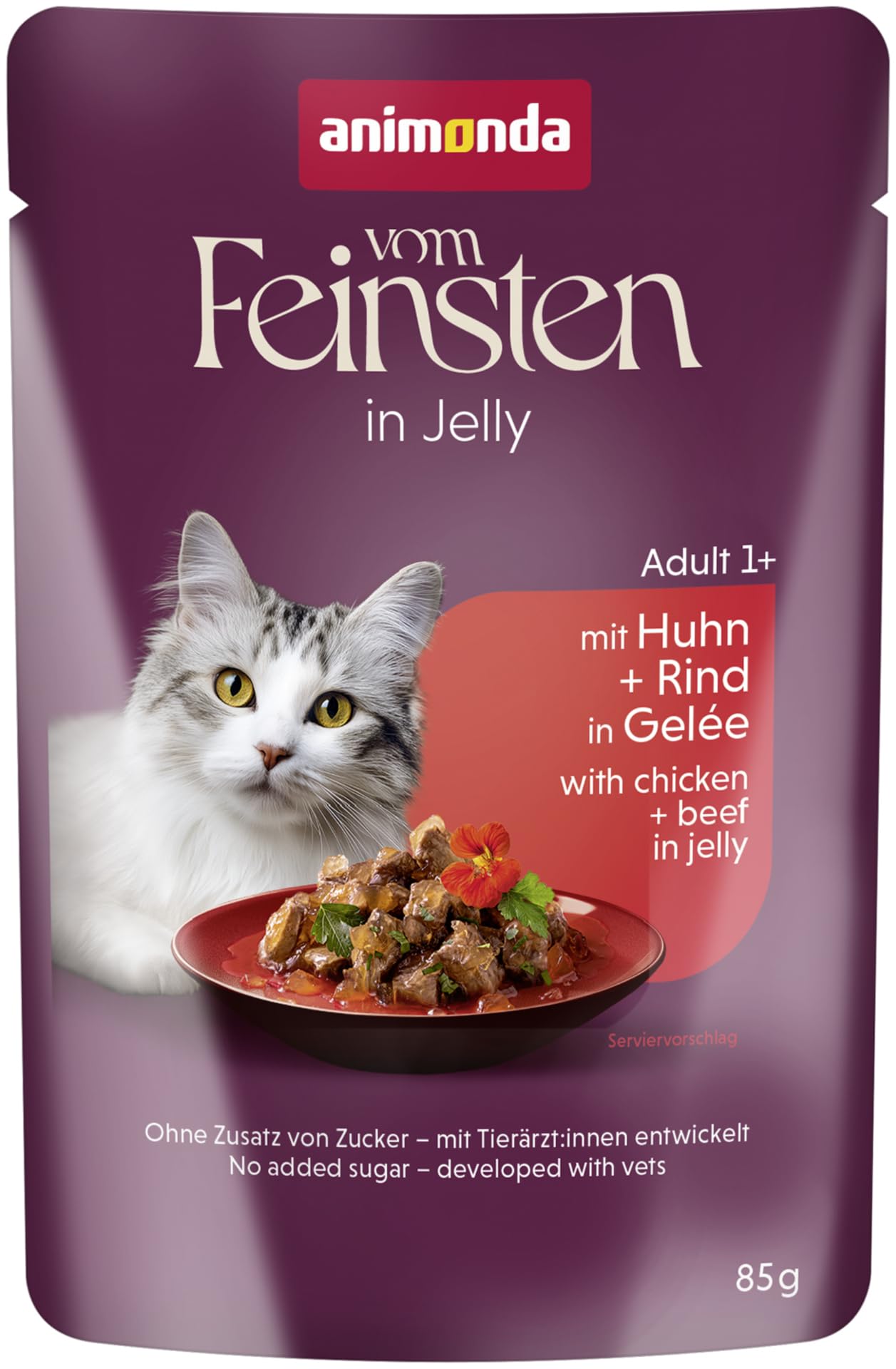 animonda Vom Feinsten Adult Raffinesse Katzenfutter in Gelee mit Huhn und Rind (24 x 85 g), Nassfutter mit Taurin und Vitamin D3, ohne Zusatz von Soja, Zucker und Konservierungsstoffen