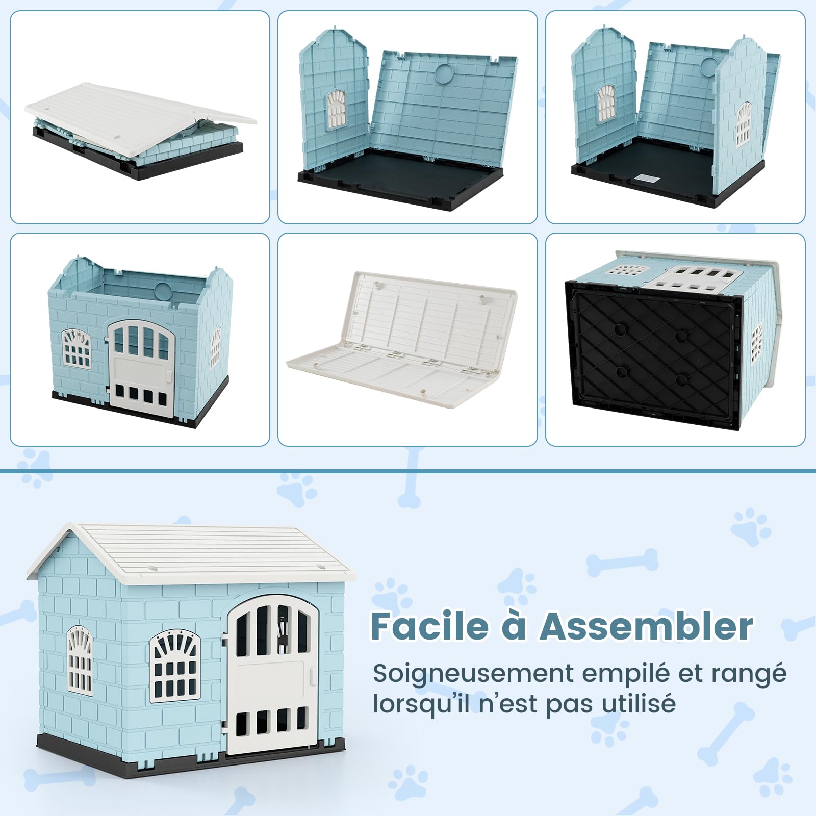 GOPLUS Niche pour Chien Exterieur XXL en PP, Cabane Chien Imperméable&Ventilé, Maison pour Chiot Interieur avec Porte, 3 Fenêtres, Toit Incliné, Plancher Surélevé (Bleu, 75x58x65CM)