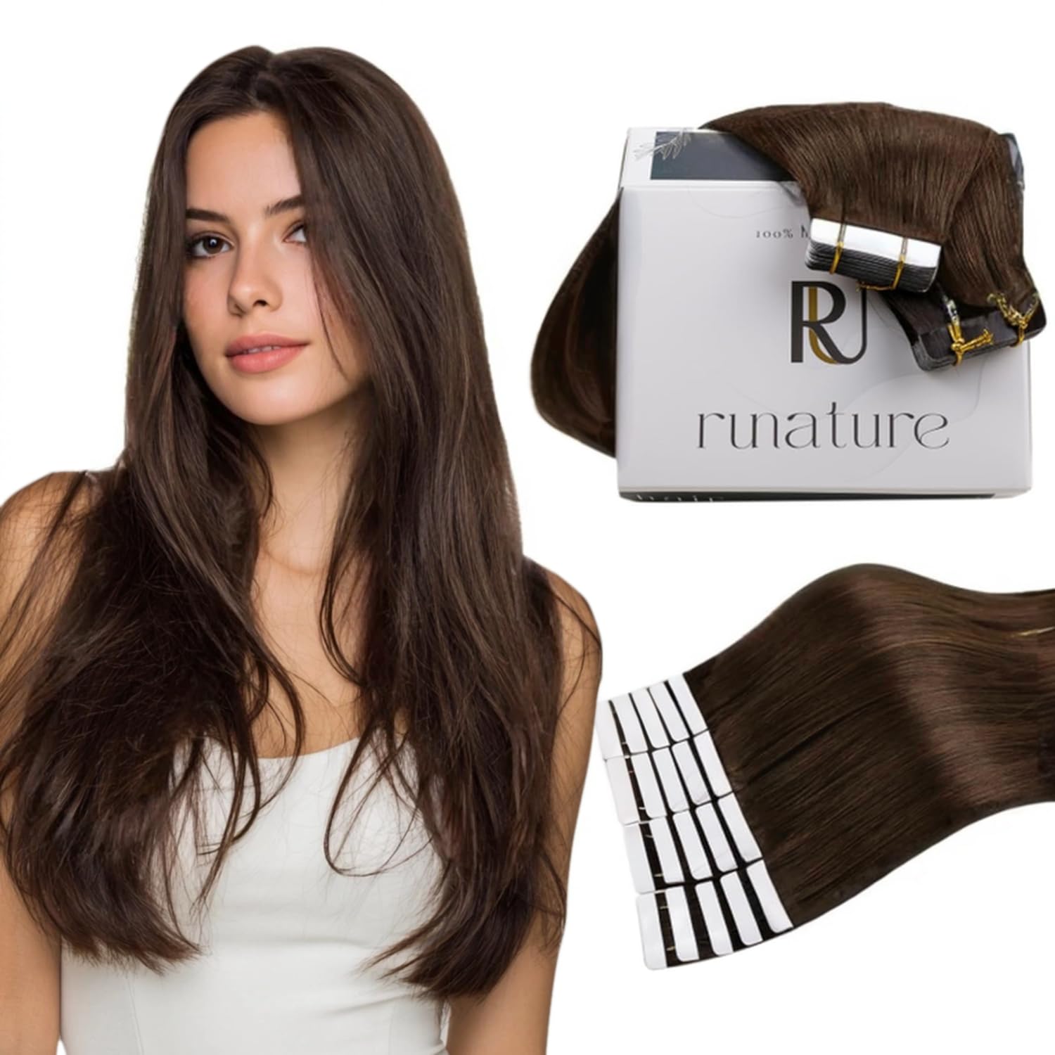 RUNATURE 28 Inch Tape in Hair Extensions Human Hair Brown Tape Hair Extensions Real Human Hair Invisible Tapes Remy Straight Dark Brown Hair 20pcs 50g #4