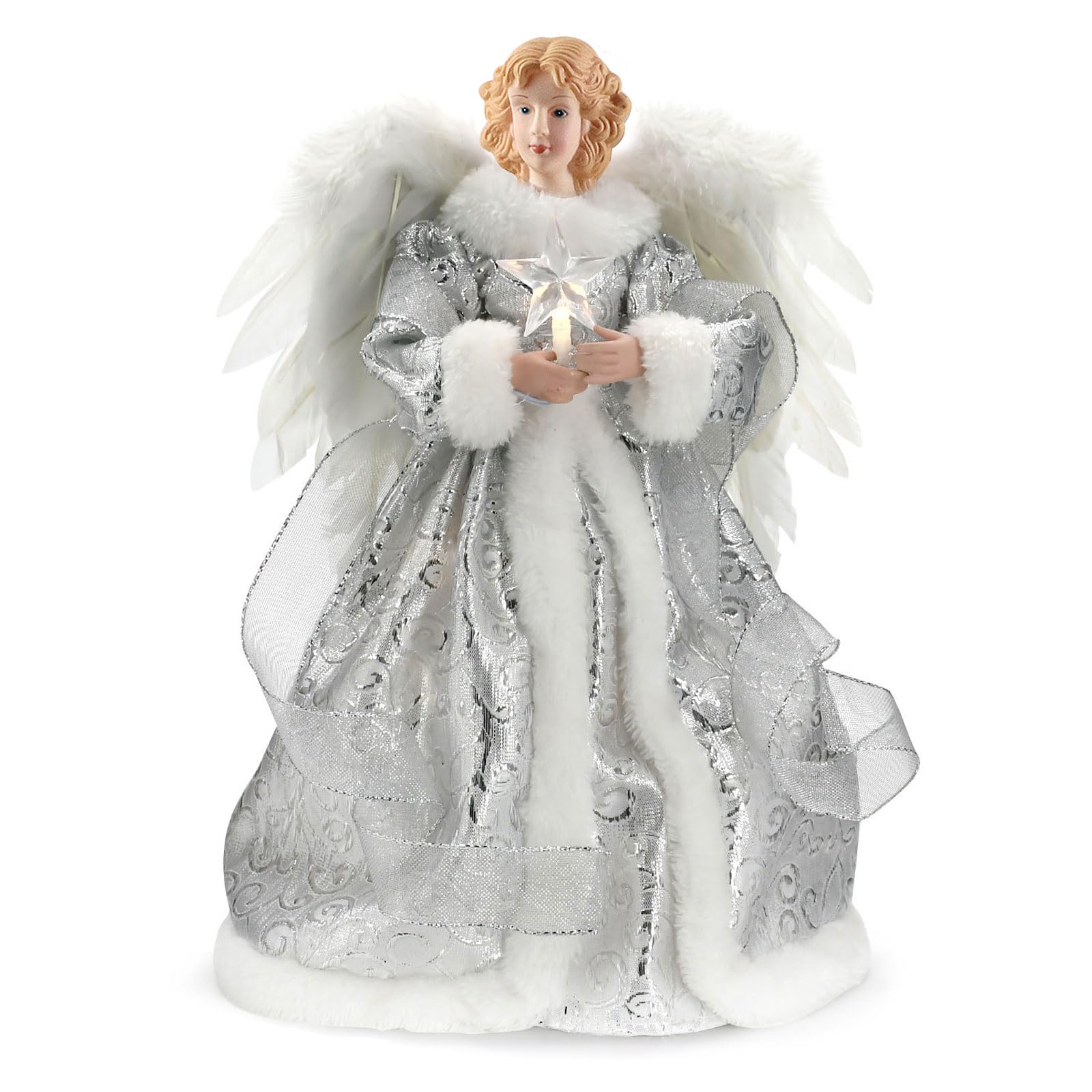 Tefola Engel-Baumkronen-Figur, 12.6 Zoll Engel Weihnachtsbaumspitze, LED-Weihnachtsbaumspitze, Die Weihnachtswerkstatt, Stern-Engel-Dekoration, Weihnachtsengel, schöne Weihnachtsdekoration (Silber)