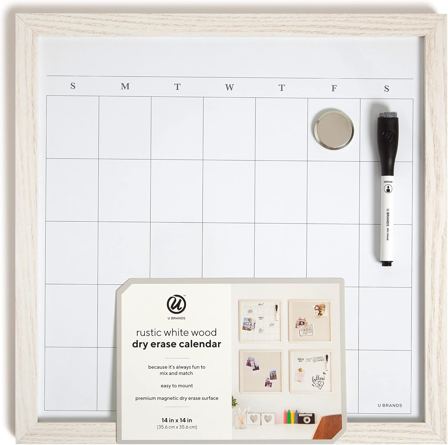 U Brands Rustic Monthly Dry Erase Board with White Wooden Frame, Office Supplies, 14” x 14”