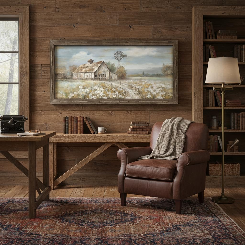 Farmhouse Wall Art Wood Decor: Large Framed Barn Windmill Picture Rustic Country Farm Print Artwork Rural Countryside Landscape Painting for Home Bedroom Decorations