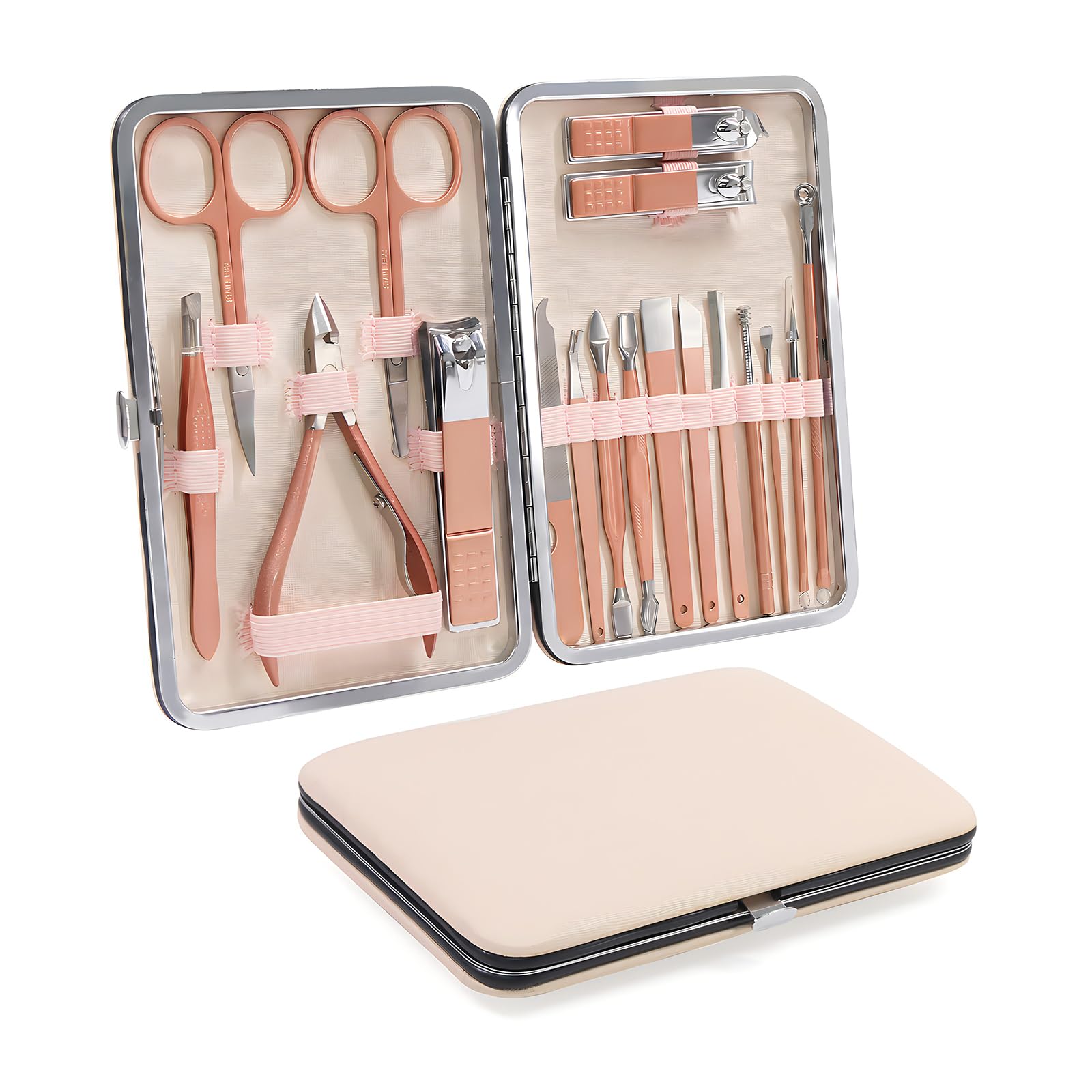 Fangze 18 In 1 Professional Stainless Steel Manicure Pedicure Set,Nail Clippers Kit With Rose Gold Leather Travel Case For Facial, Cuticle And Nail Care (18 in 1, Rose Gold)