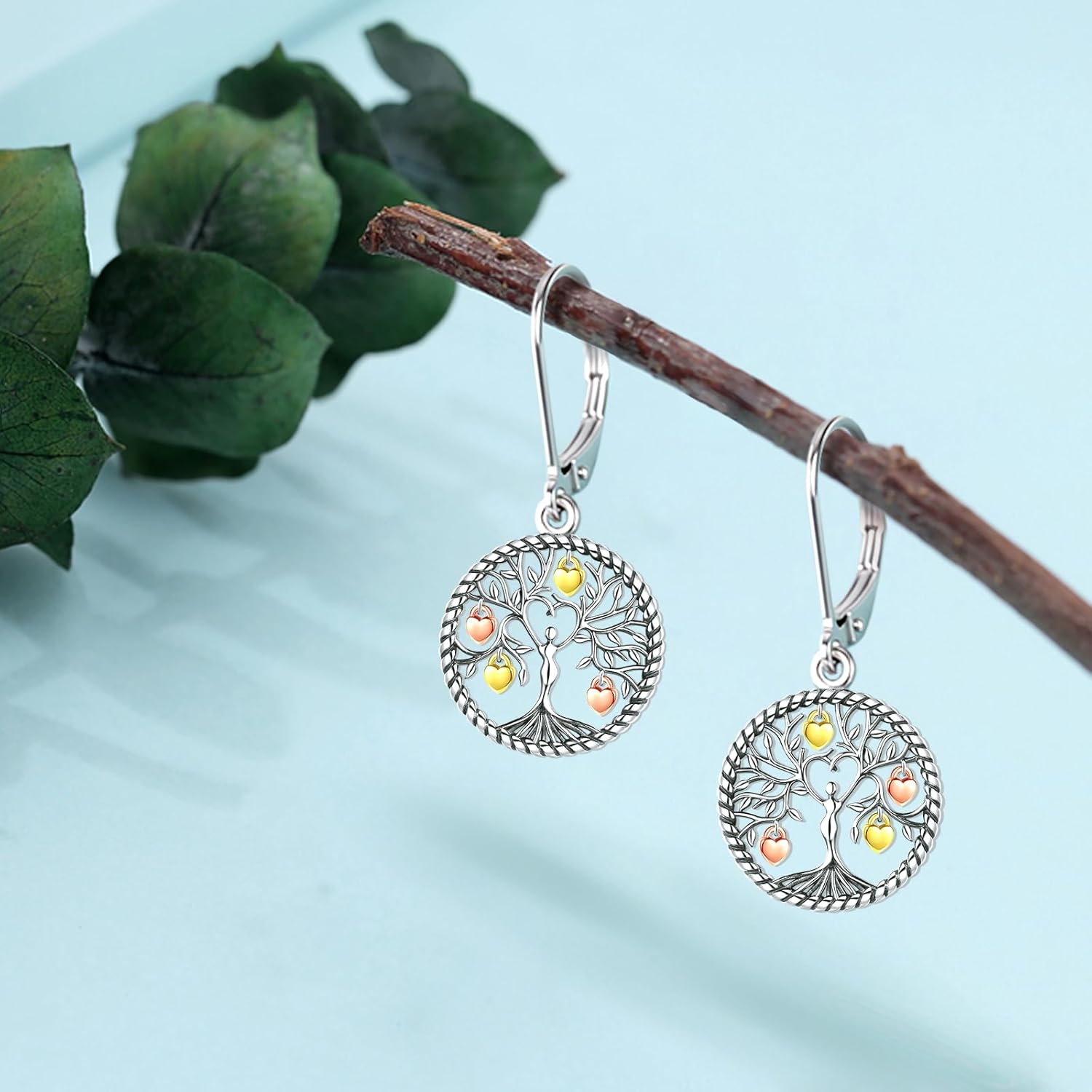 Eusense Sterling Silver Tree of Life/Compass/Cat/Butterfly/Hummingbird Animals Dangle Earrings Moonstone Turquoise Drop Leverback Earrings Jewelry Gifts for Women