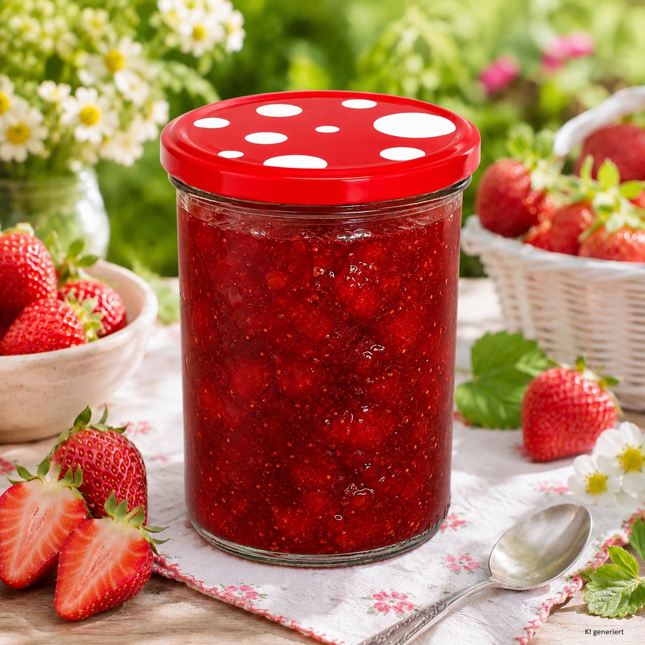 Set 50 barattoli in vetro per marmellate e conserve, capacità 435 ml, con coperchio rosso e bianco, ricettario incluso