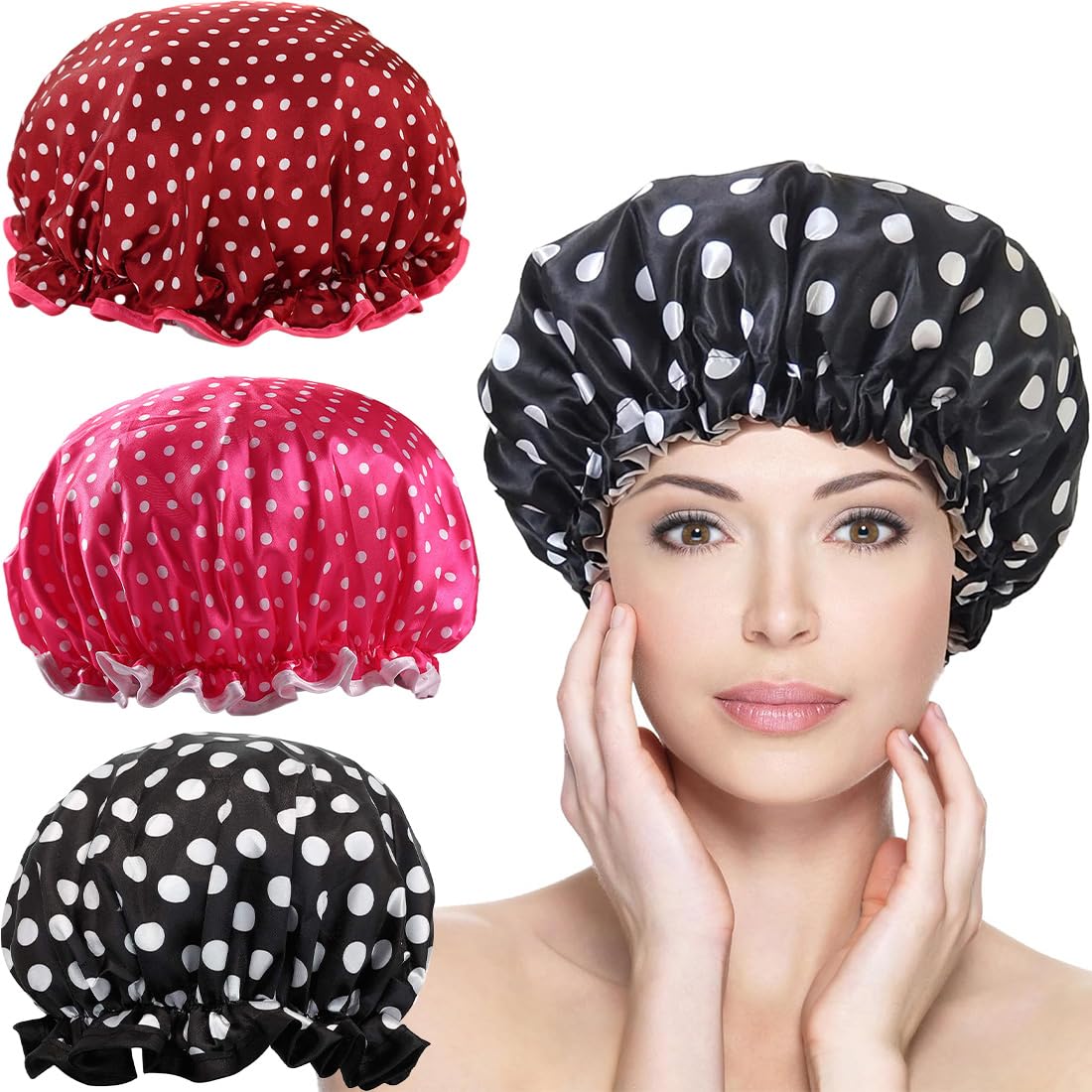 3 Piezas Gorro Ducha Impermeable, Gorro de Spa Para Pelo Reutilizables, Doble Capa Mujeres Gorros de Pelo Elásticos,para Spa Salón Viaje Hotel Hogar,para Mujeres y Niñas