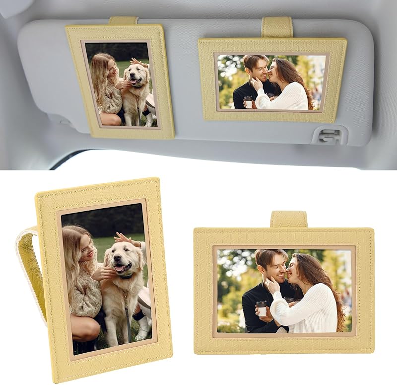 KINIVA Porta-Fotos Magnético para Para-Sol de Carro em Couro Sintético Amarelo, Kit com 2 unidades
