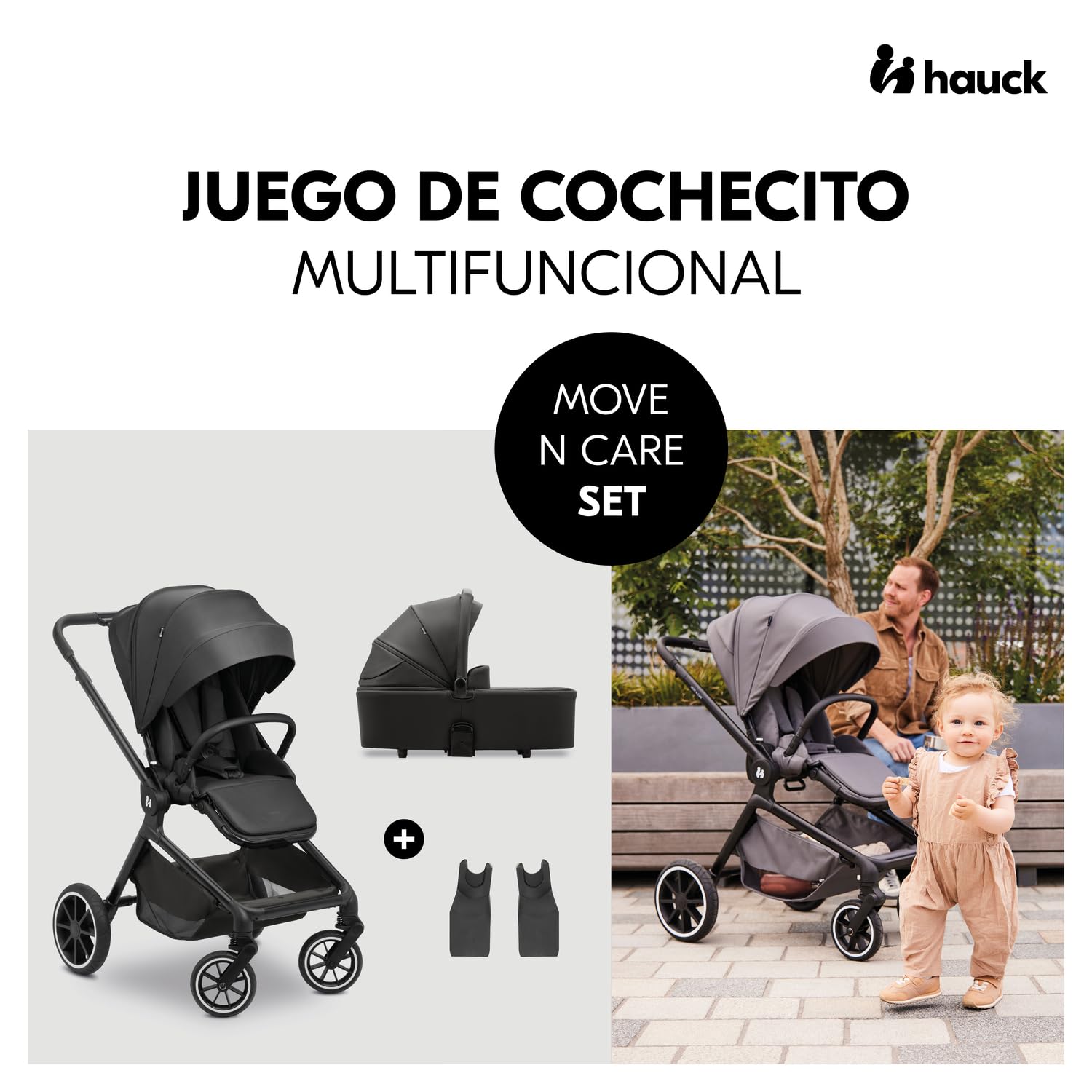 hauck Move N Care Set Carrito Bebe 2 en 1 - Carro con Capazo Grande desde el Nacimiento hasta 22 kg, Silla de Paseo Ligera Reversible y Reclinable, Suspensión, Protección UV 50+, Cesta XL - Negro