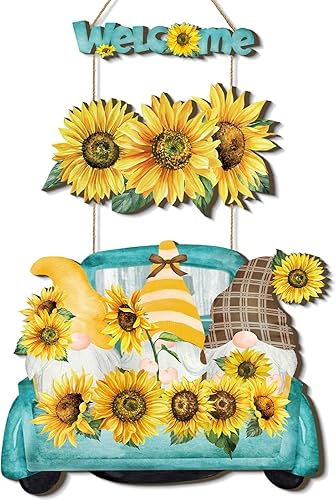Geetery Letrero de bienvenida de gnomo de girasol, decoración de cocina, letrero colgante de madera con sol, regalos para puerta delantera, porche,