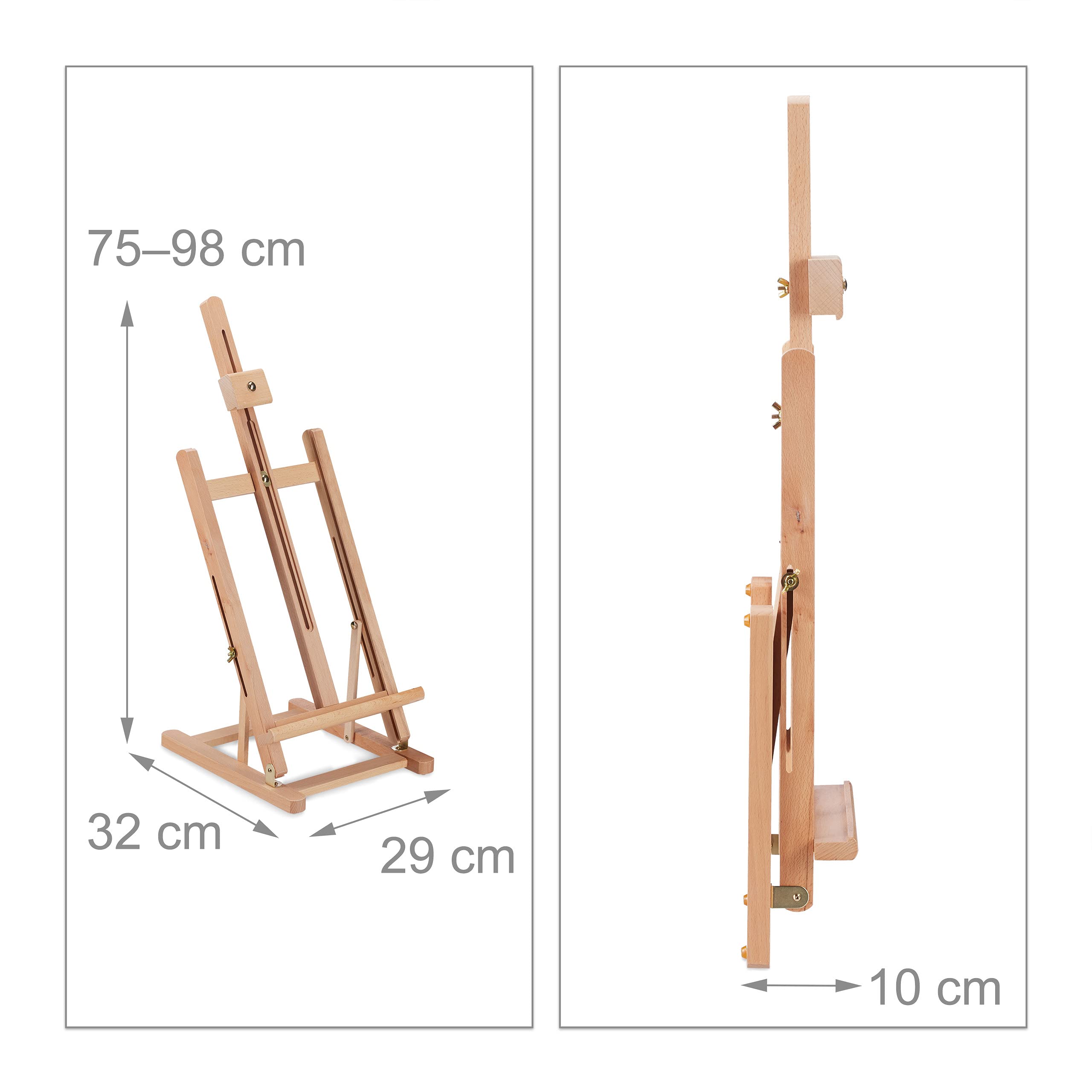 Relaxdays Cavalletto Pittura da Tavolo, Espositore Regolabile per Formati A3, Mini Segnatavolo, Legno di Faggio, Marrone