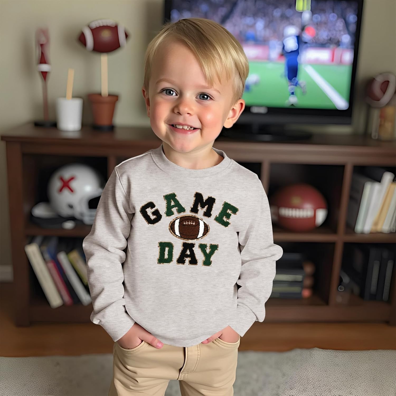 Toddler Girl Boy Football Sweatshirt Glitter Chenille Patch Game Day Outfit Long Sleeve Shirt Sport Casual Pullover - Image 4