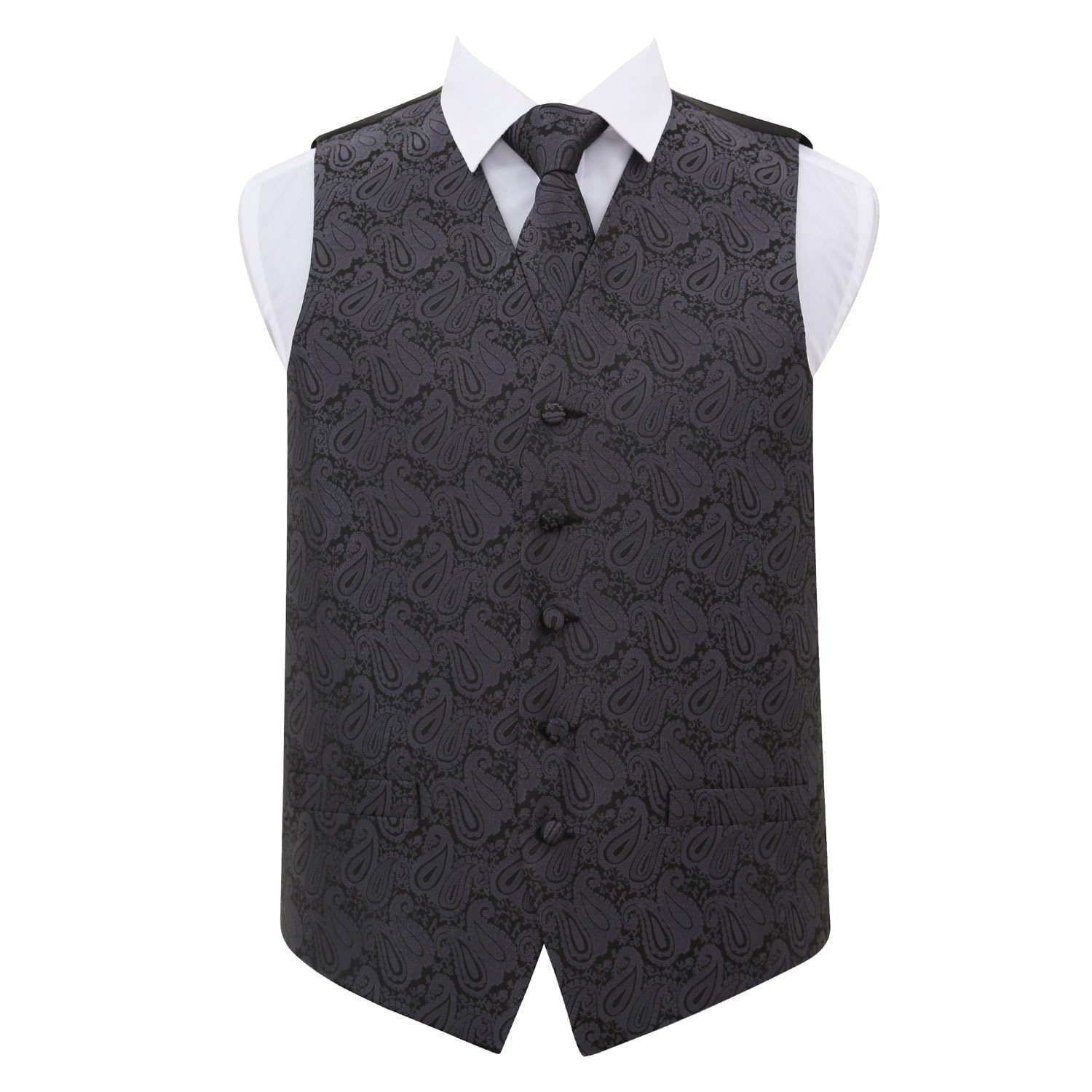 Dqt Men's Charcoal Grey Paisley Floral Waistcoat & Tie Set (2Pc) - Wedding, Business & Formal - 38" (M)