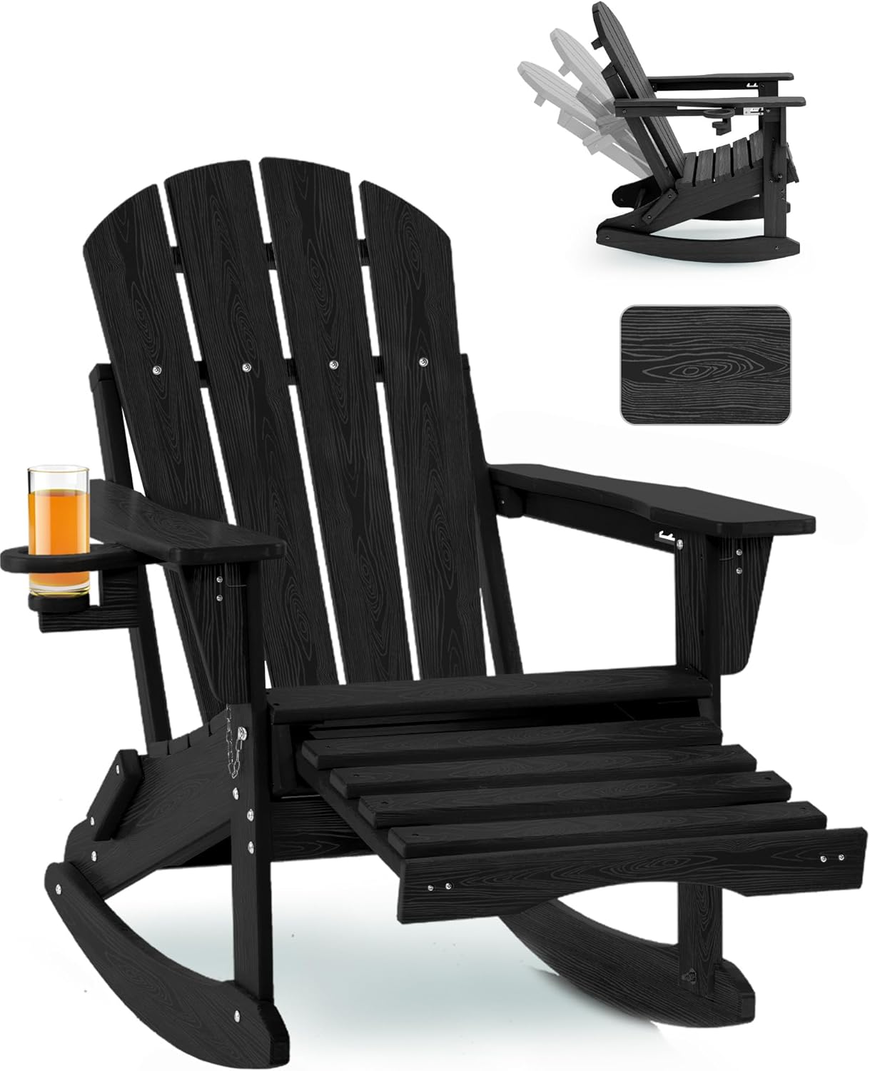 Adjustable Adirondack Rocking Chair with Retractable Ottoman, 4-in-1 Multifunctional Folding Patio Chair with Cup Holder, Outdoor Chair Wood Texture for Lawn, Porch, Backyard, Pool(Black)