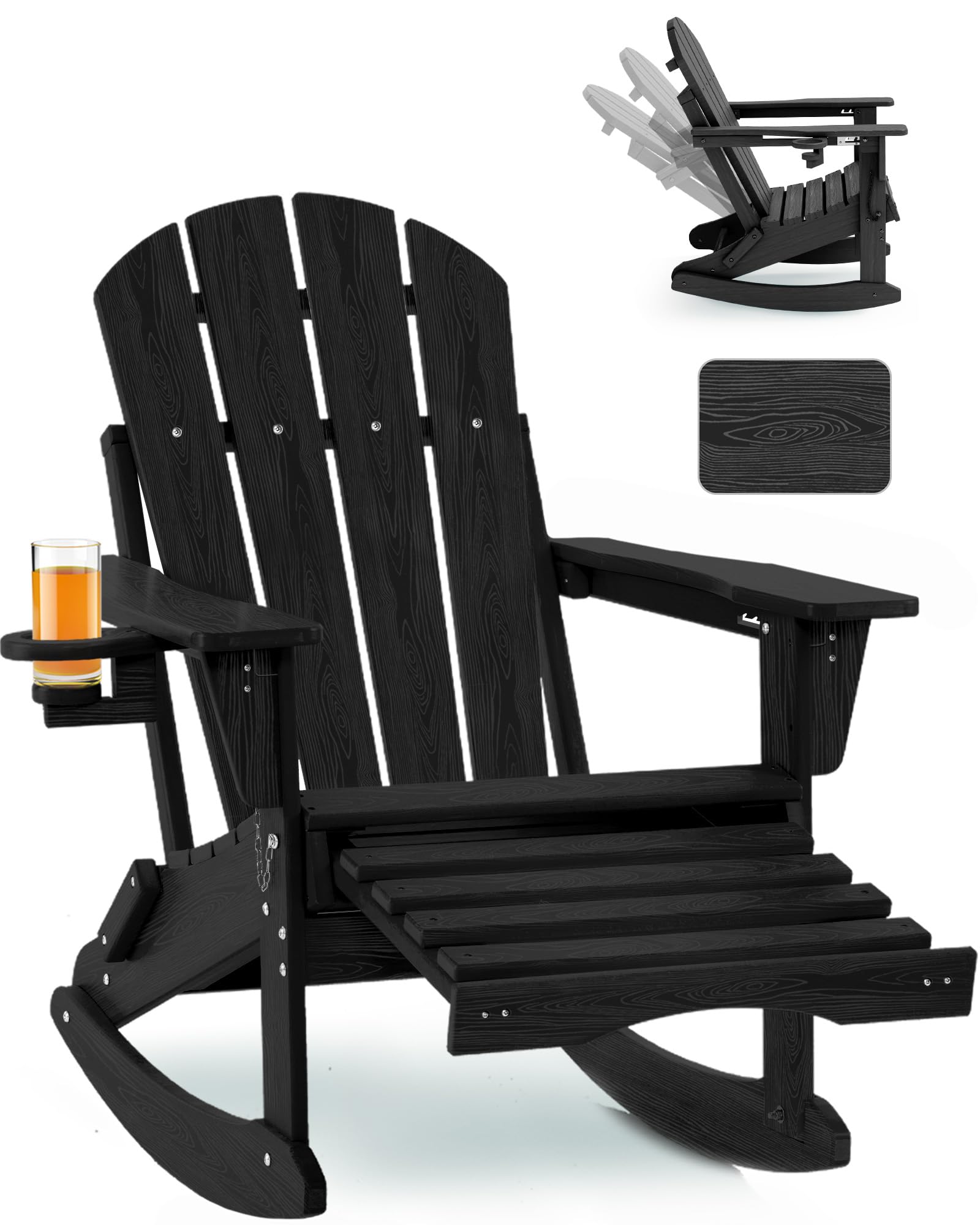 Serique Adjustable Adirondack Rocking Chair with Retractable Ottoman, 4-in-1 Multifunctional Folding Patio Chair with Cup Holder, Outdoor Chair Wood Texture for Lawn, Porch, Backyard, Pool(Black)